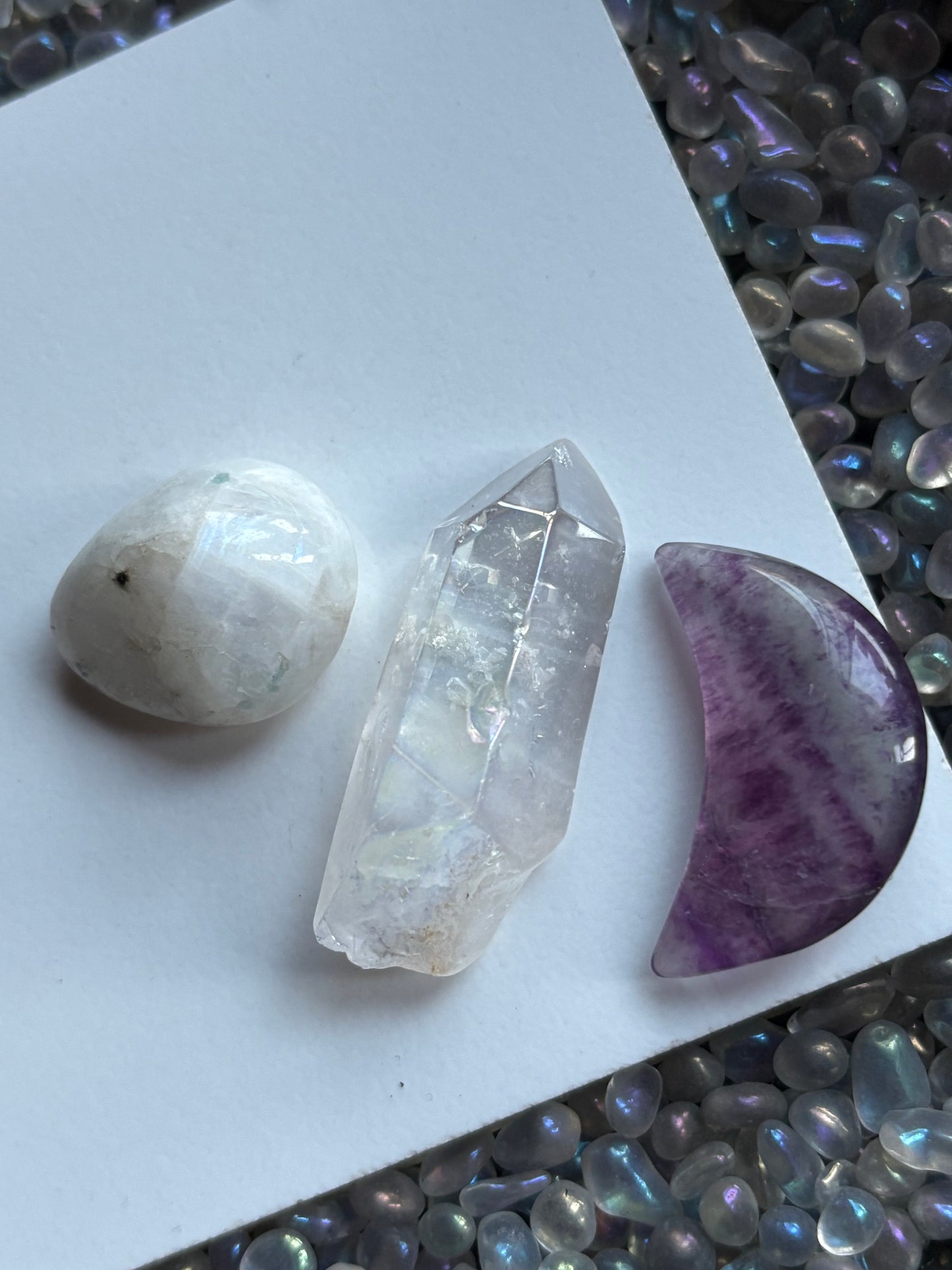 Fluorite Moon Aura Quartz & Rainbow Moonstone Crystal Gemstone Gift Pack - Moon Child (B)
