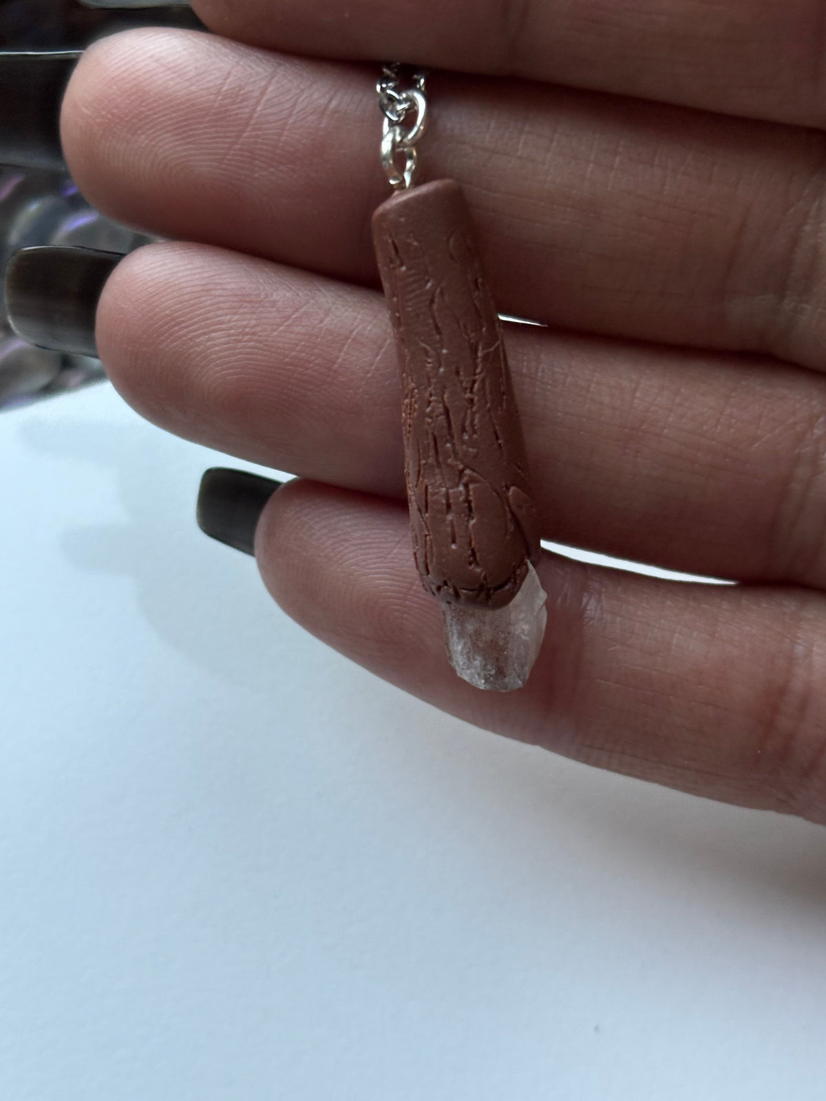 Scottish Quartz Crystal Gemstone Clay Wooden Wand Necklace (1)