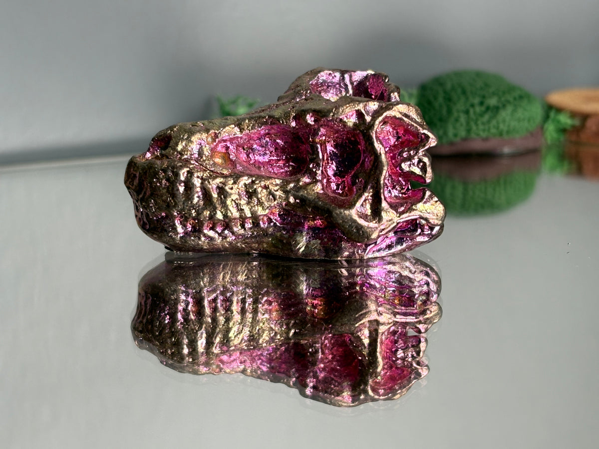 Pink Bismuth Crystal Small Trex Skull Metal Art Sculpture