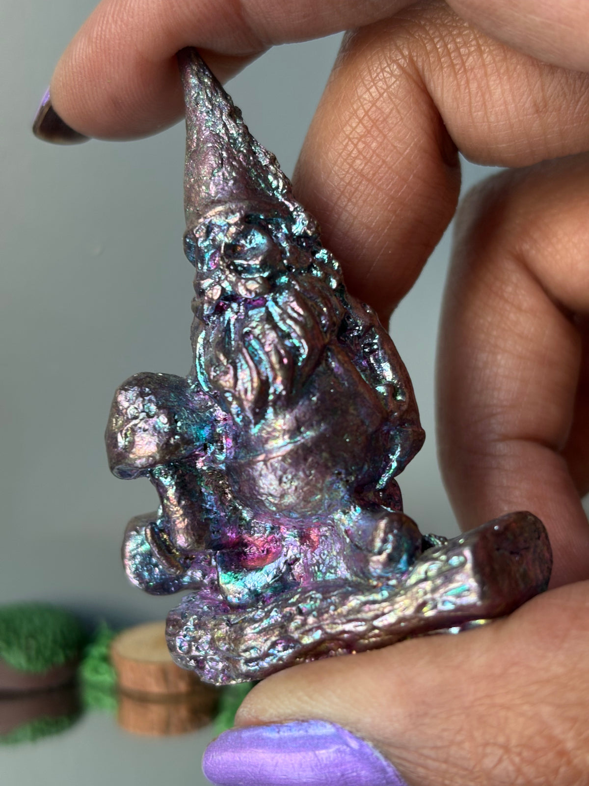 Purple Blue Bismuth Crystal Gnome Metal Art Sculpture