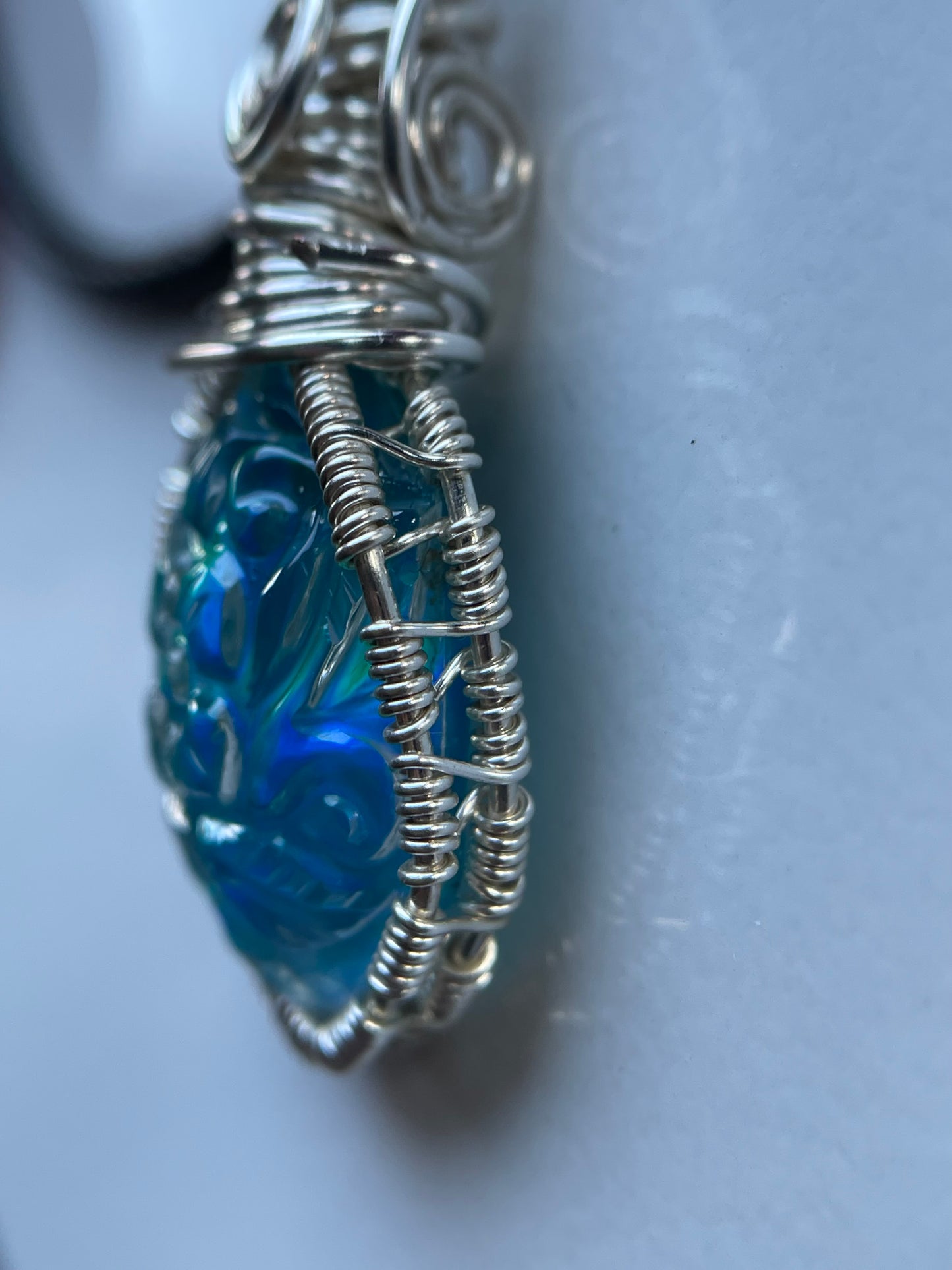 Carved Aurora Opal Doublet Crystal Gemstone - Wire Wrapped Necklace