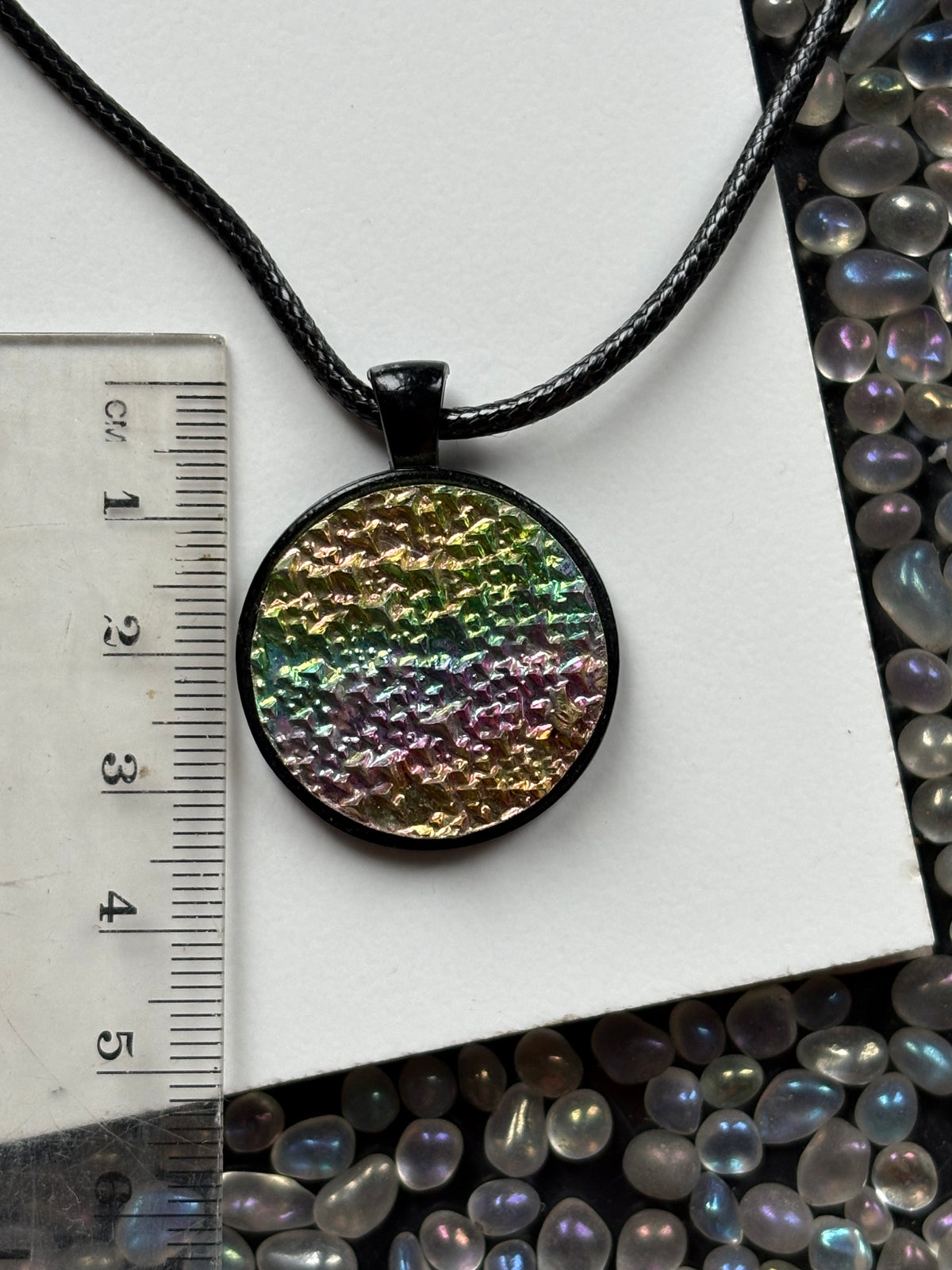 Rainbow Bismuth Crystal Metal Art Cord Necklace - Circle