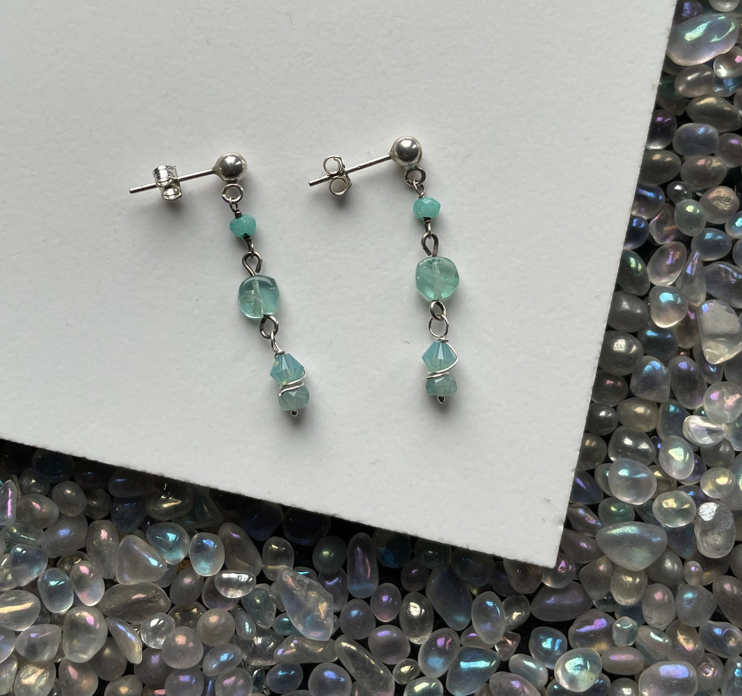 Sea Blue Apatite Aqua Chalcedony Crystal Gemstone Swarovski 925 Silver Drop Earrings