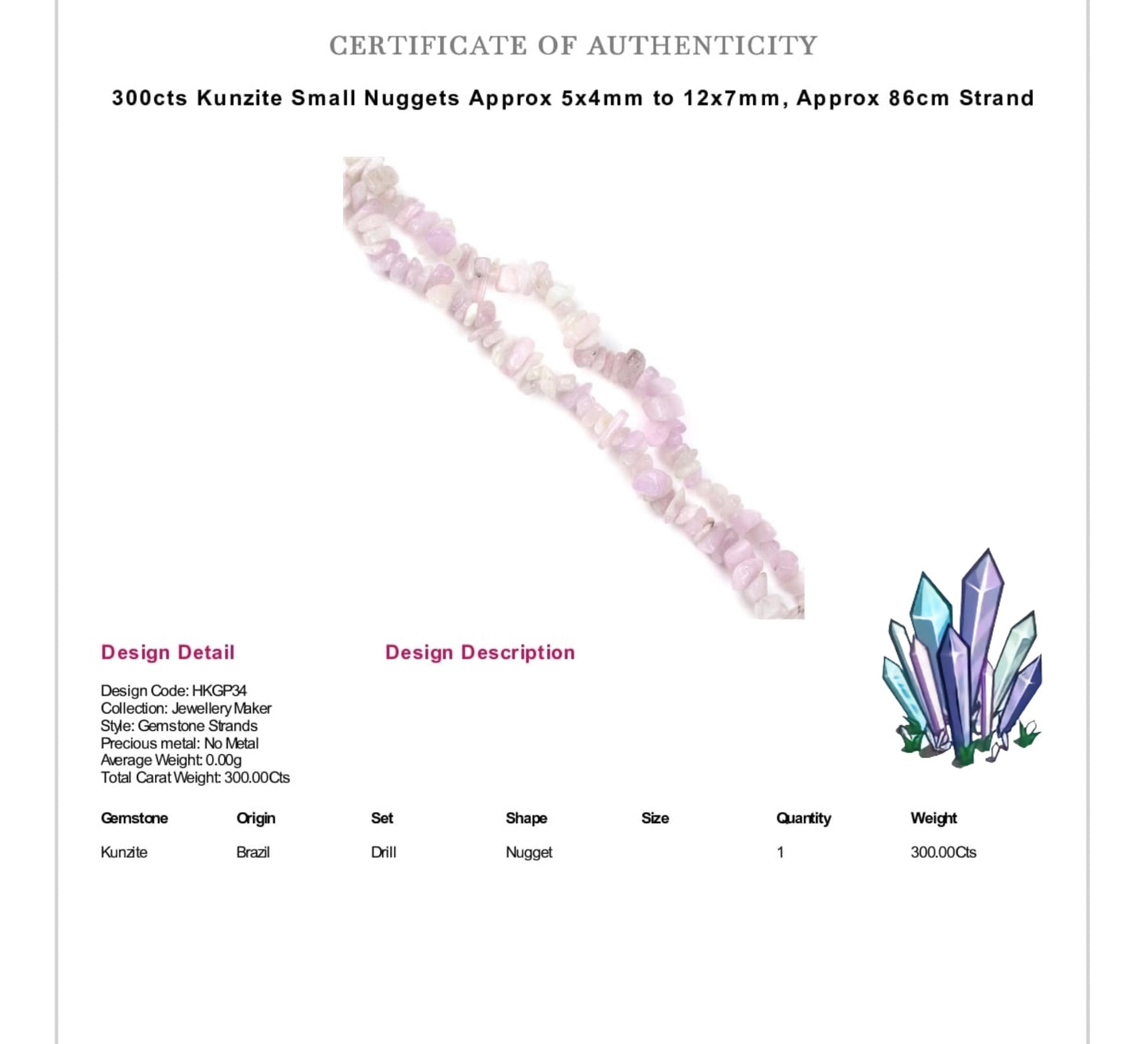 Kunzite Rough Crystal Gemstone Chip Bar Necklace (Certified)