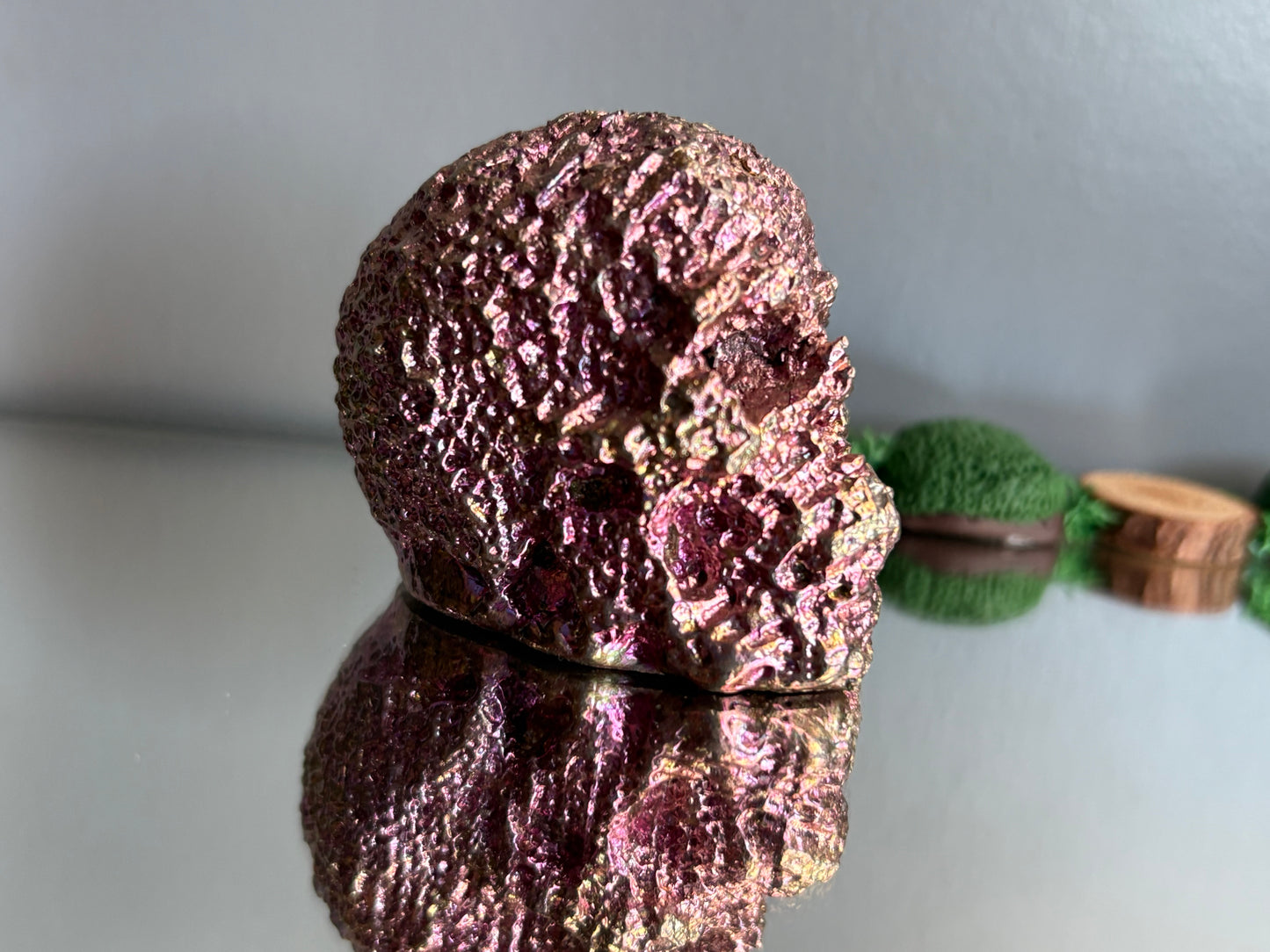 Pink Bismuth Crystal Coral Skull Large Metal Art Sculpture