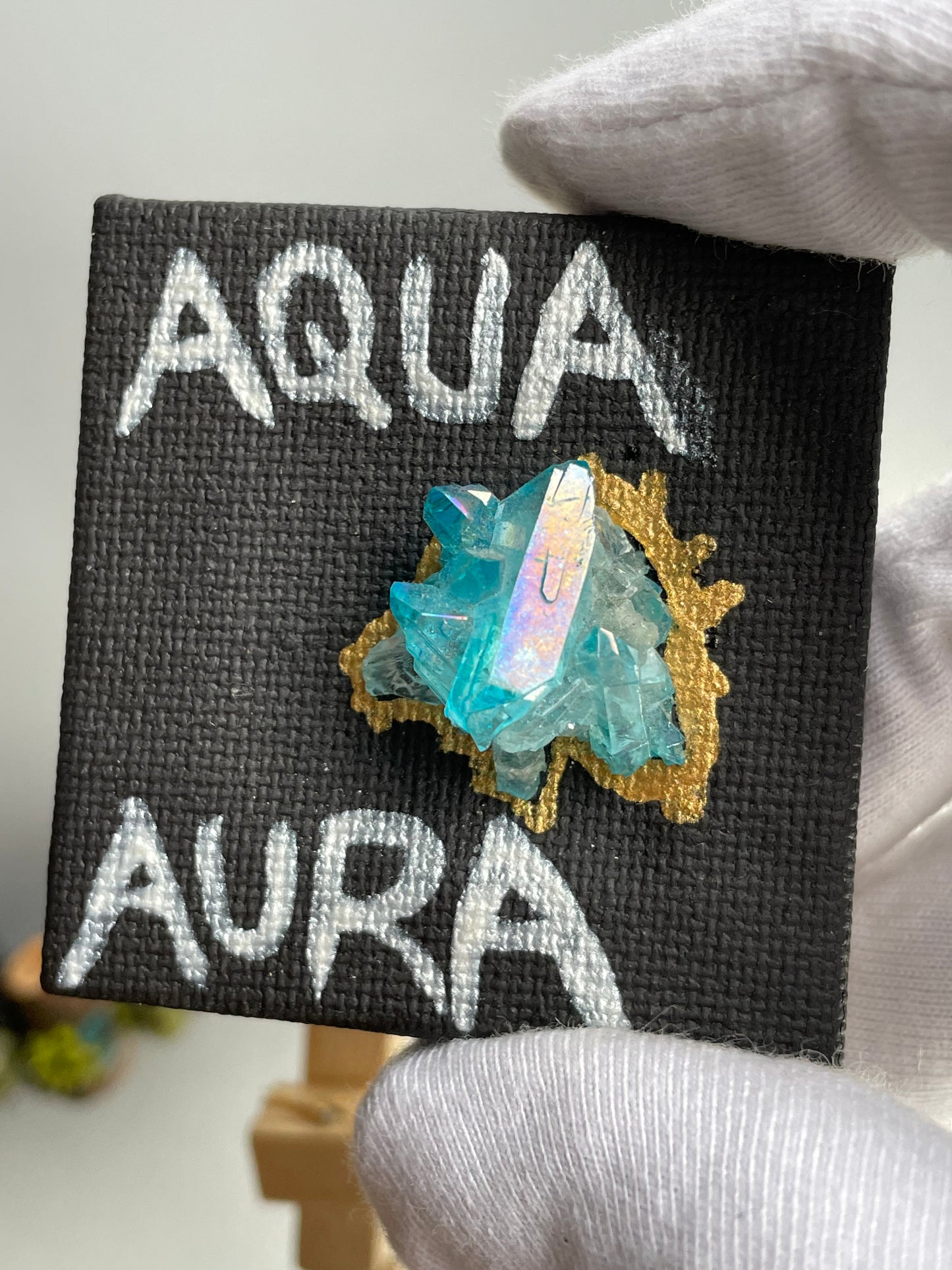 Aqua Aura Quartz Cluster Gemstone Crystal Mini Canvas Easel Art