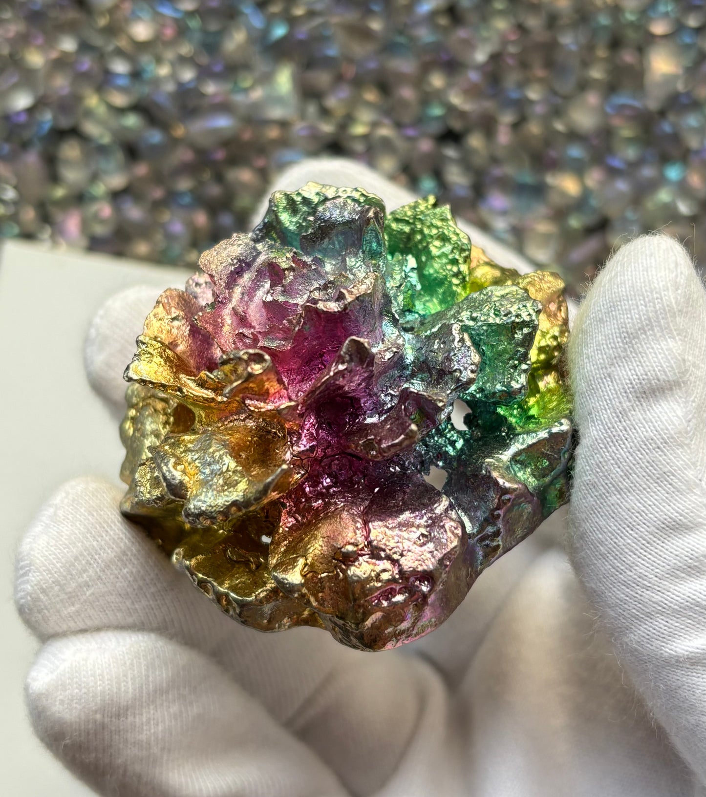 Rainbow Bismuth Crystal Rose Flower Metal Art Sculpture - Large