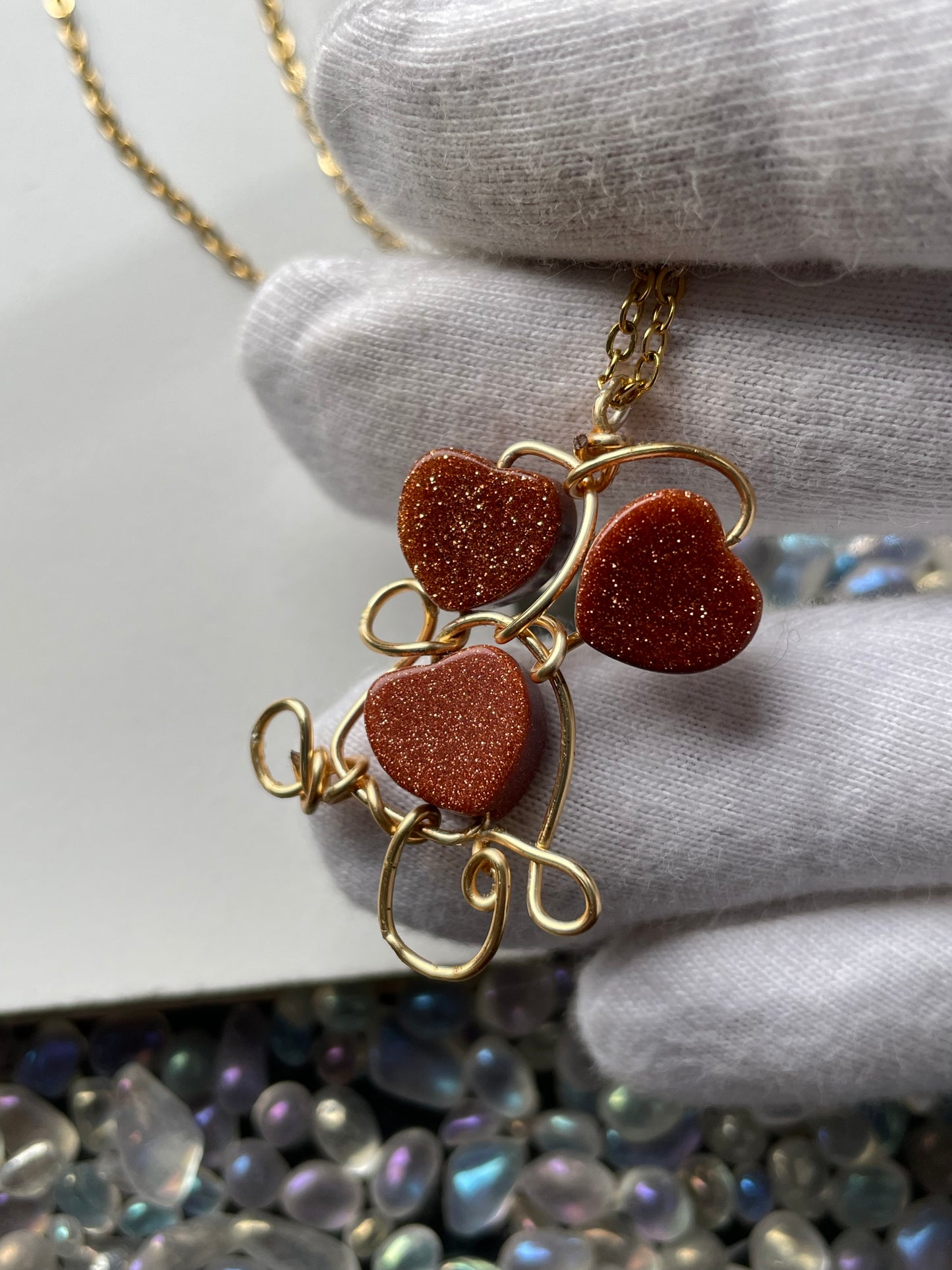 Goldstone Crystal Gemstone Heart Wire Gold Necklace