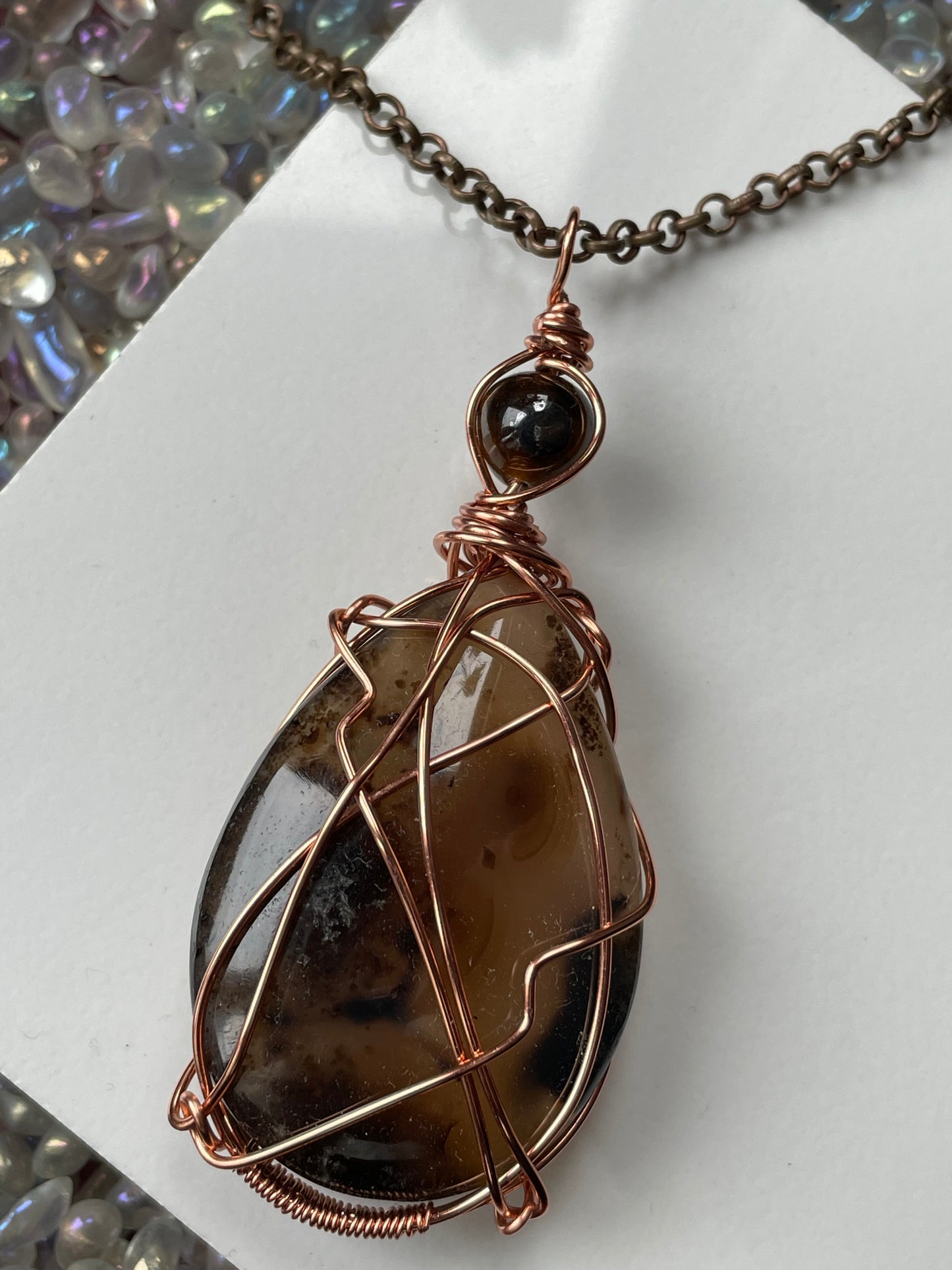 Dendritic Agate & Tigers Eye Crystal Gemstone Wire Wrapped Necklace