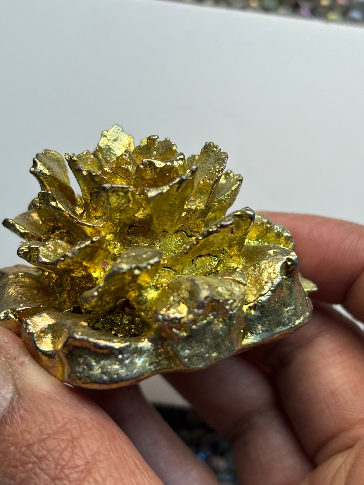 Gold Bismuth Crystal Rose Flower Metal Art Sculpture - Large