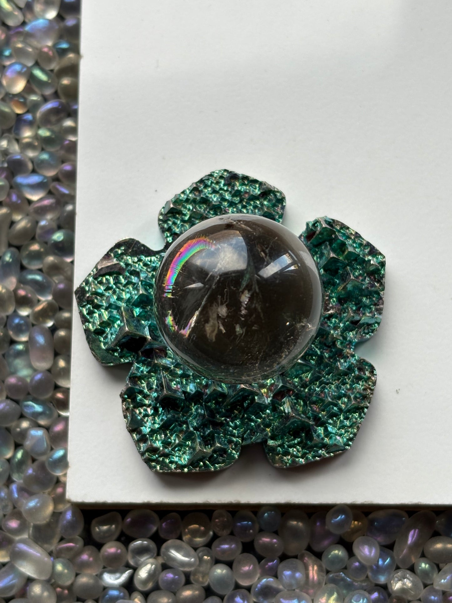 Teal Blue Bismuth Crystal Hippie Flower Slice Cut Out Sphere Holder