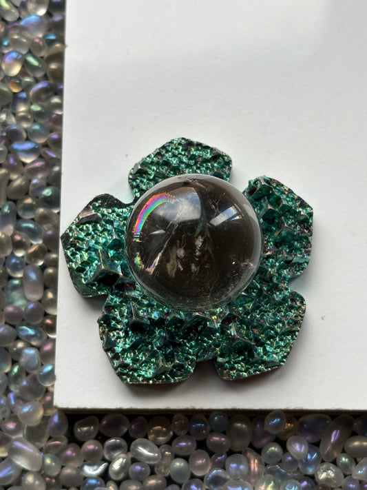 Teal Blue Bismuth Crystal Hippie Flower Slice Cut Out Sphere Holder