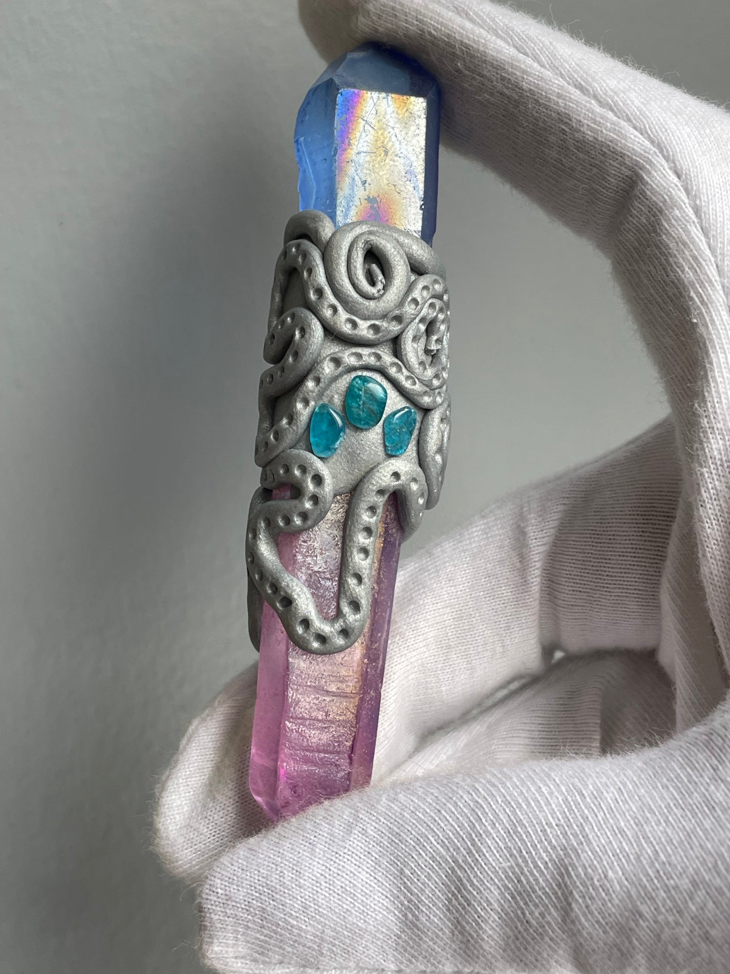 Purple Blue Aura Quartz & Apatite Crystal Gemstone Clay Wand