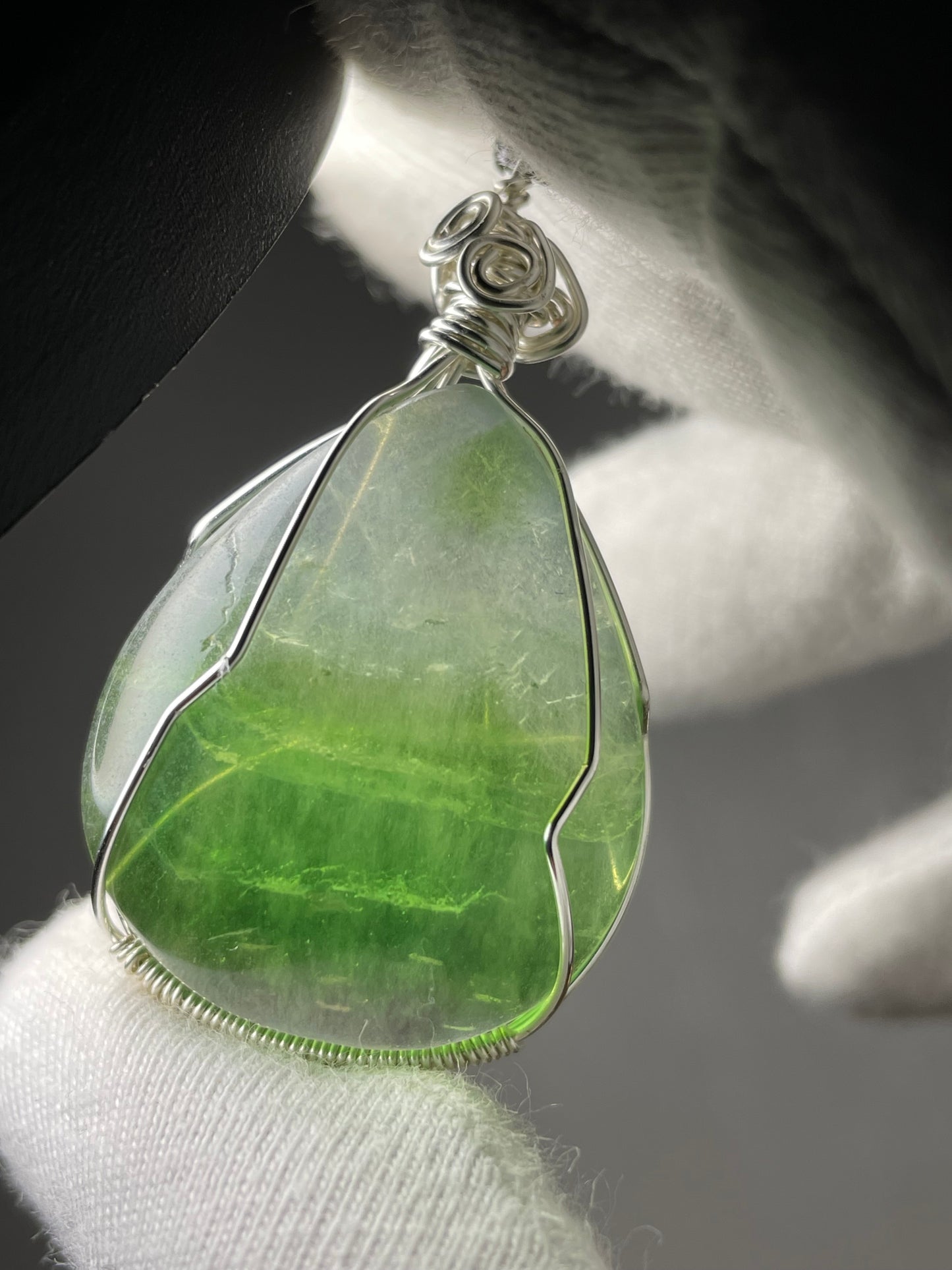 Green Fluorite Crystal Gemstone Wire Wrap Silver Necklace