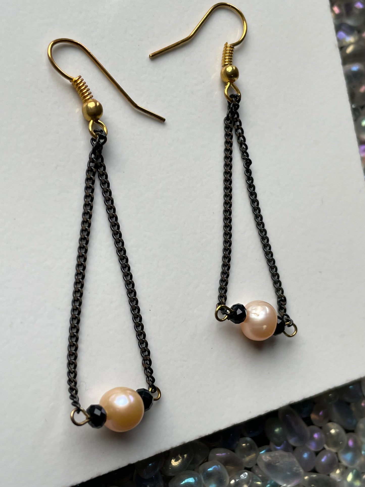 Peach Pearl & Black Spinel Crystal Gemstone Black Gold Chain Earrings (Certified)