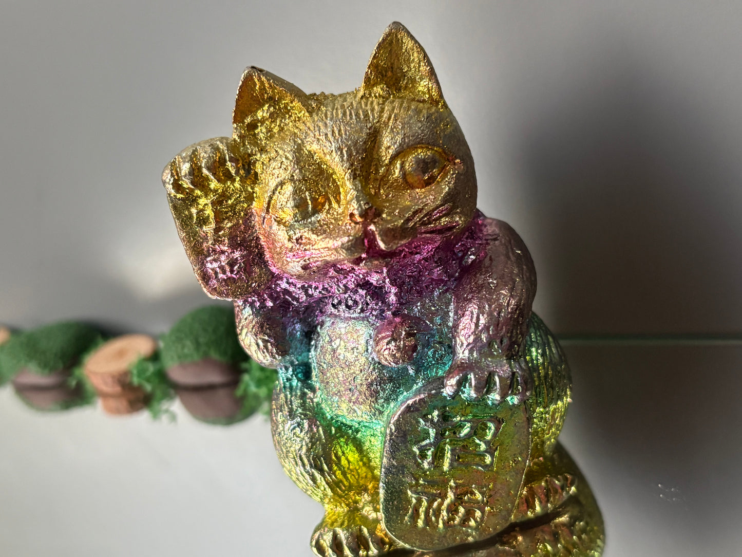 Rainbow Bismuth Crystal Lucky Cat Metal Art Sculpture