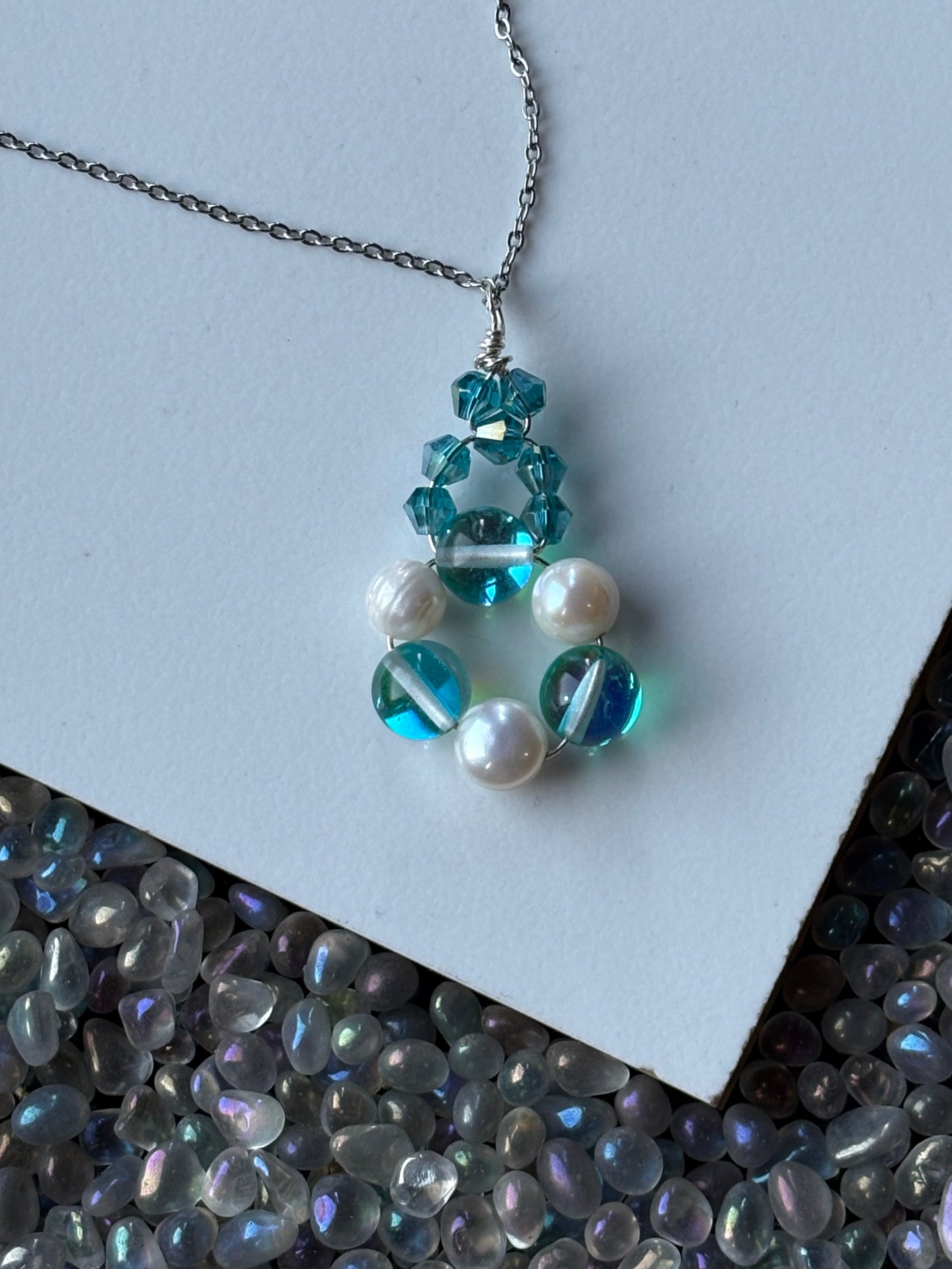 Aqua Aura Quartz & Pearl Gemstone Crystal Pendant Necklace