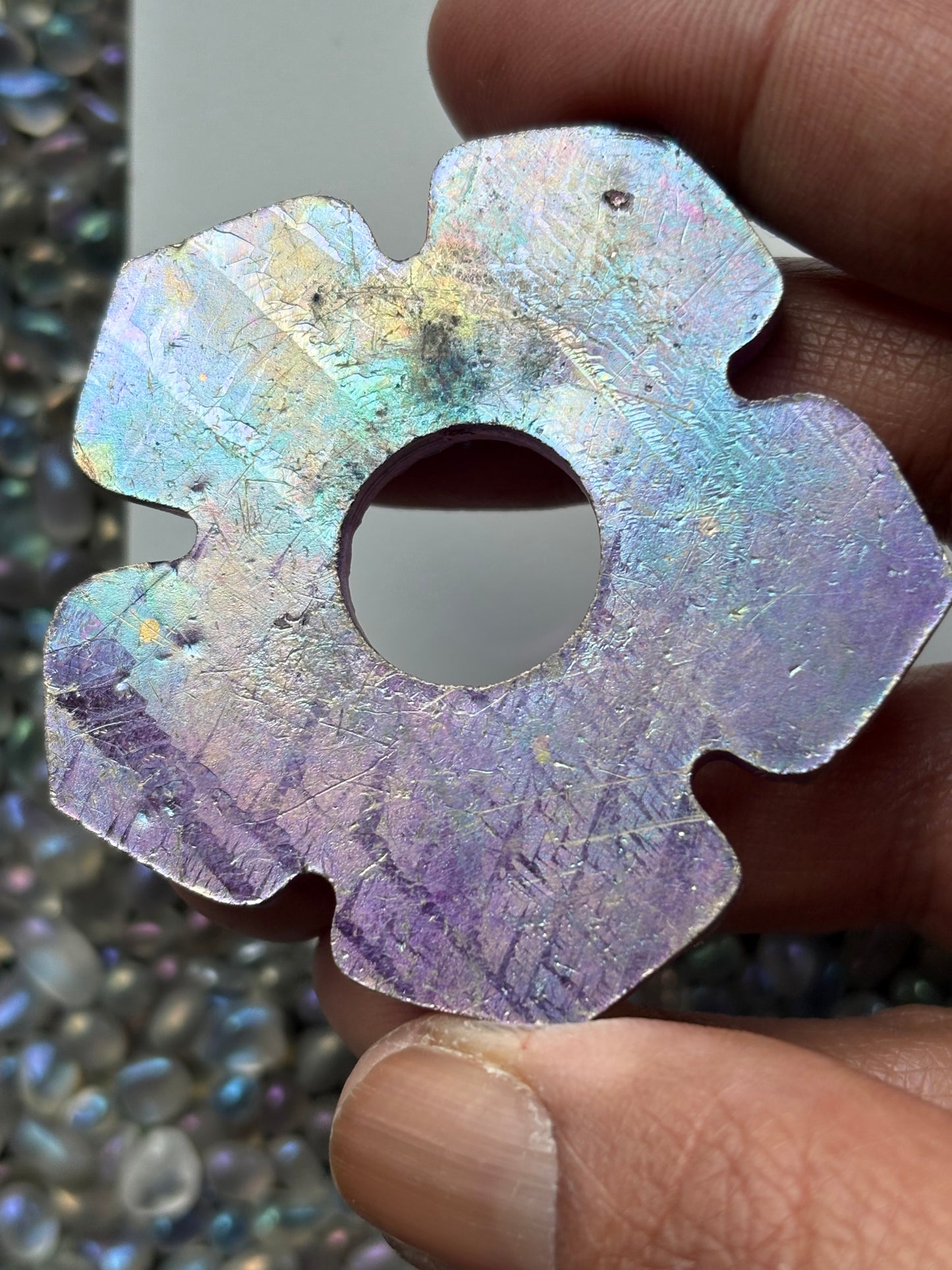 Purple Pink Bismuth Crystal Hippie Flower Slice Cut Out Sphere Holder