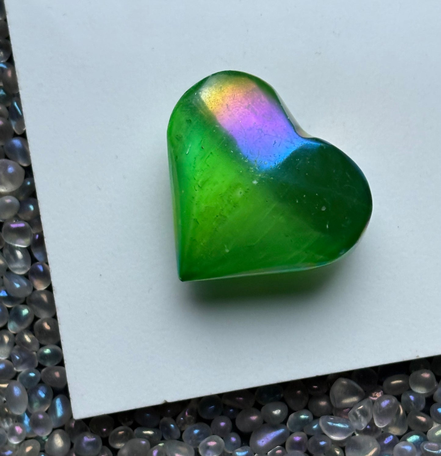 Green Aura Coated Selenite Satin Spar Crystal Gemstone Heart Carving