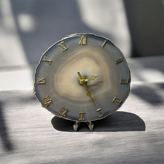 Blue Grey Agate Slice Crystal Gemstone Gold Clock