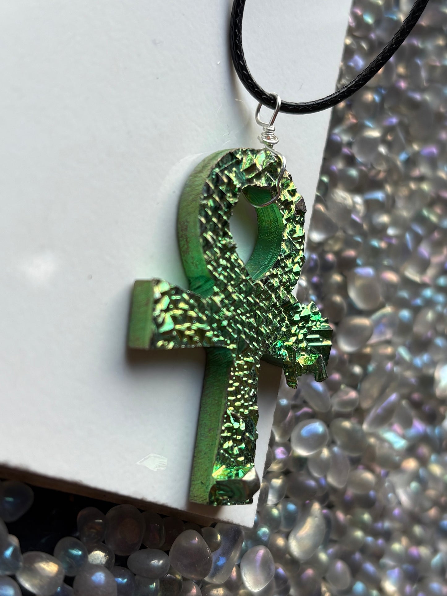 Green Bismuth Crystal Metal Art Necklace - Ankh