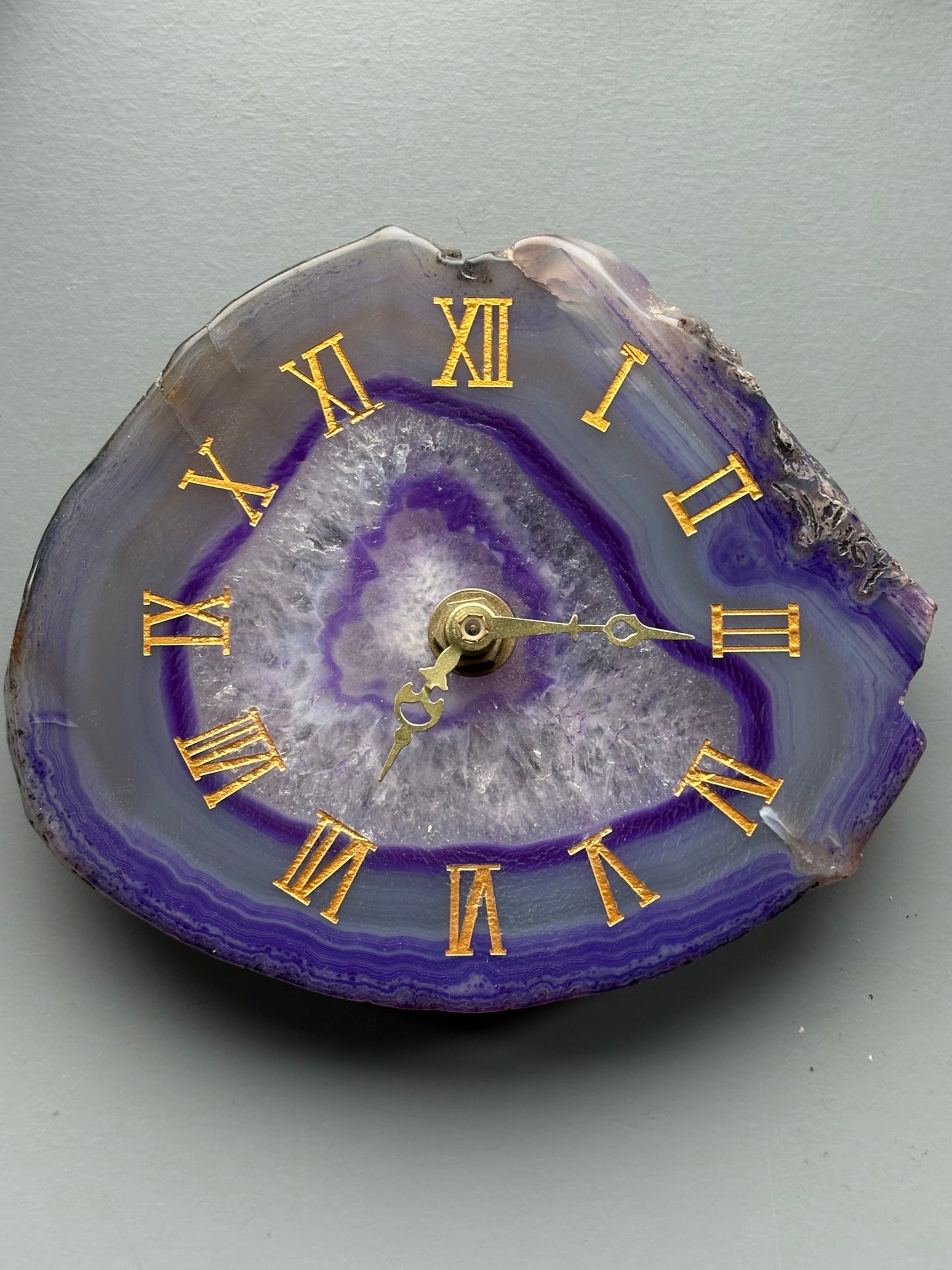Purple Agate Slice Crystal Gemstone Gold Clock