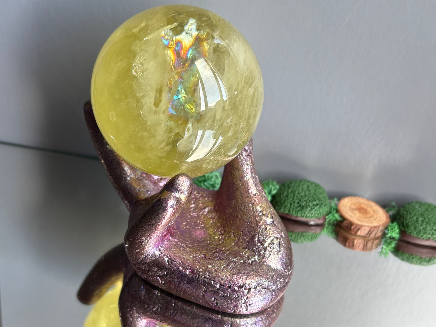 Pink Bismuth Crystal Hand Sphere Holder Metal Art Sculpture