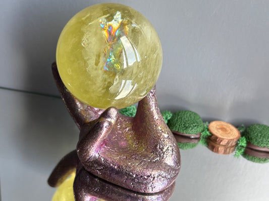 Pink Bismuth Crystal Hand Sphere Holder Metal Art Sculpture