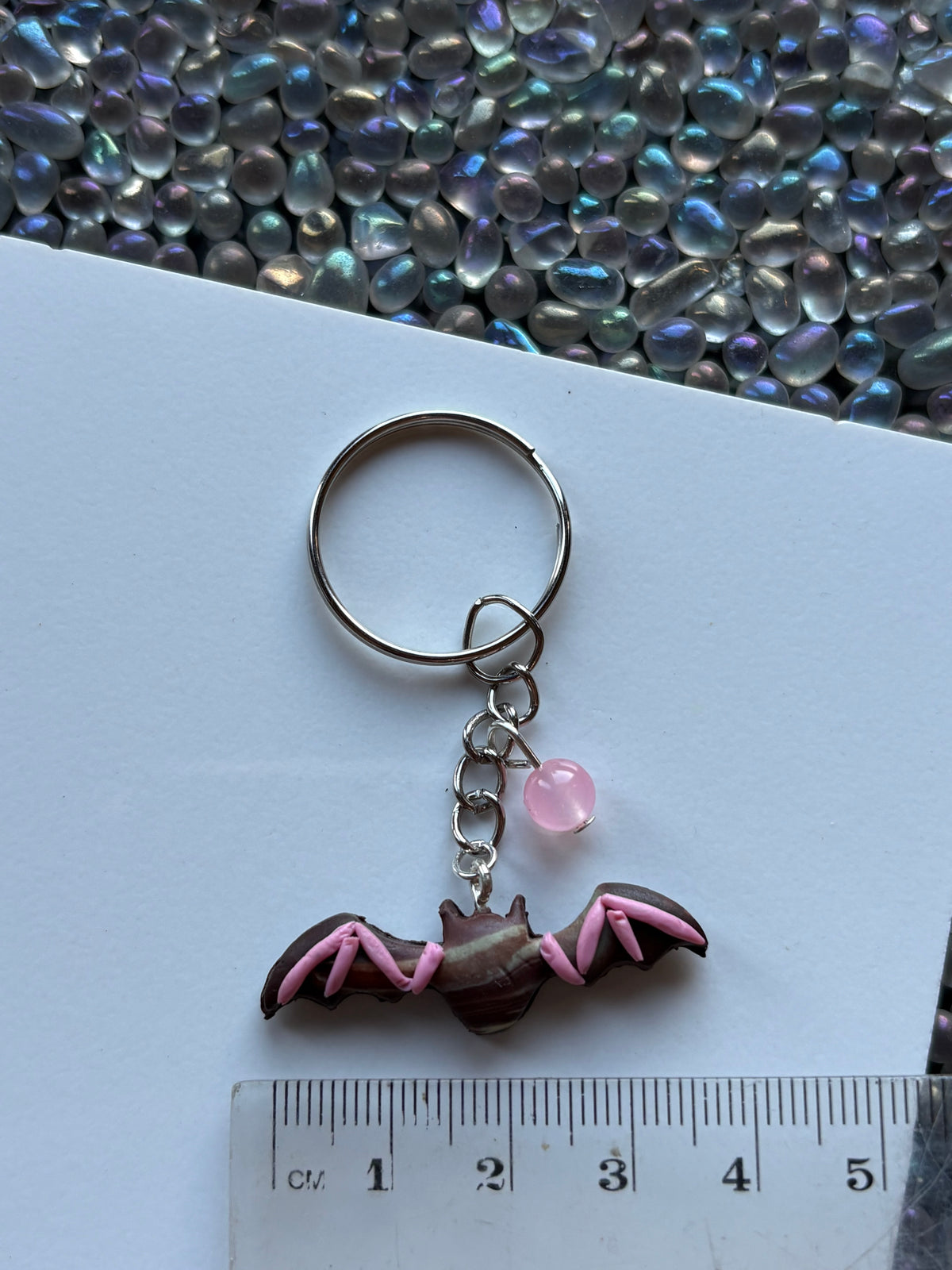 Chocolate Candy Bat Clay & Pink Quartz Crystal Gemstone Keychain