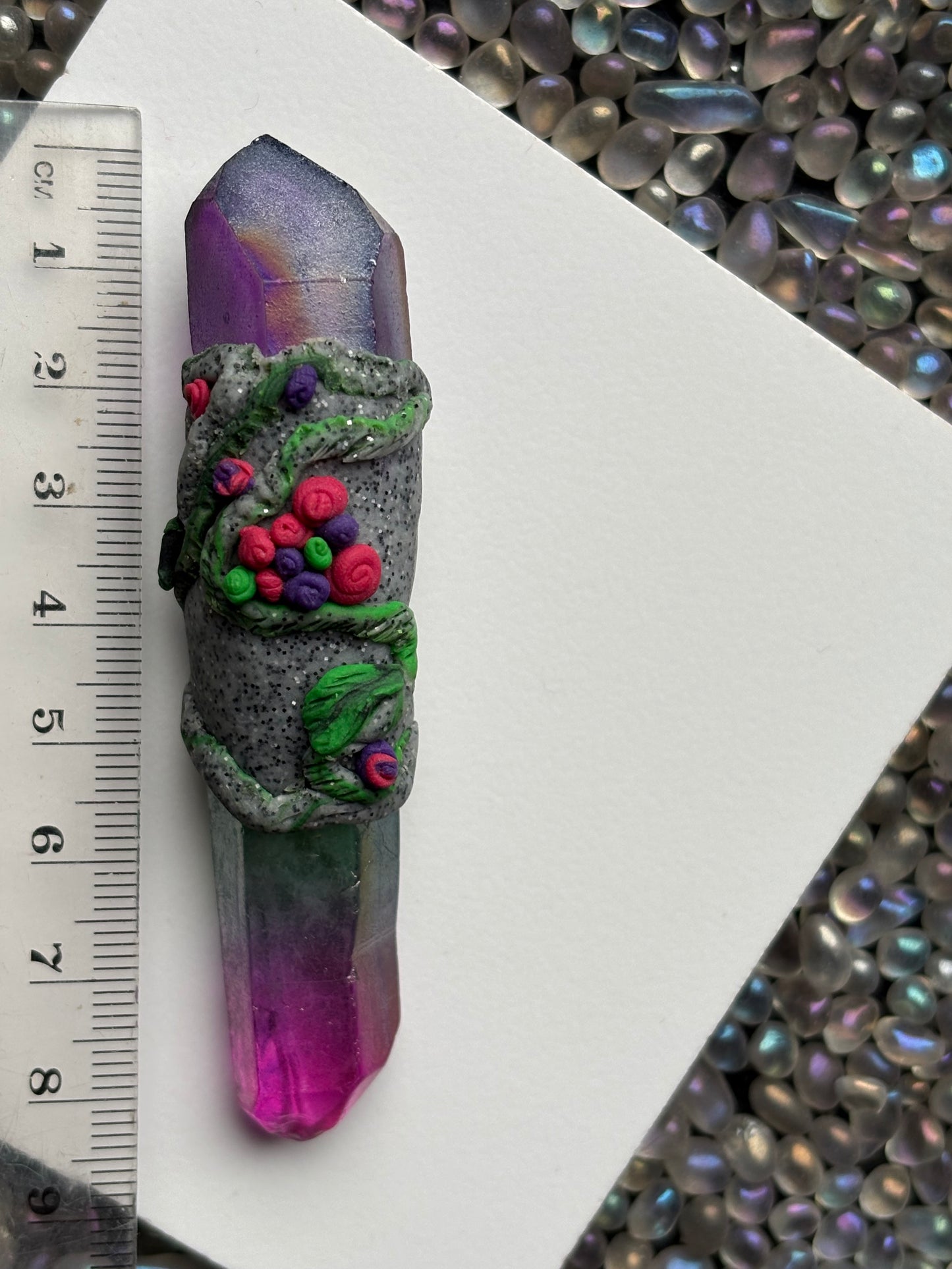 Purple Pink Green Aura Quartz Crystal Gemstone Granite Rose Flower Clay Wand - English Rose