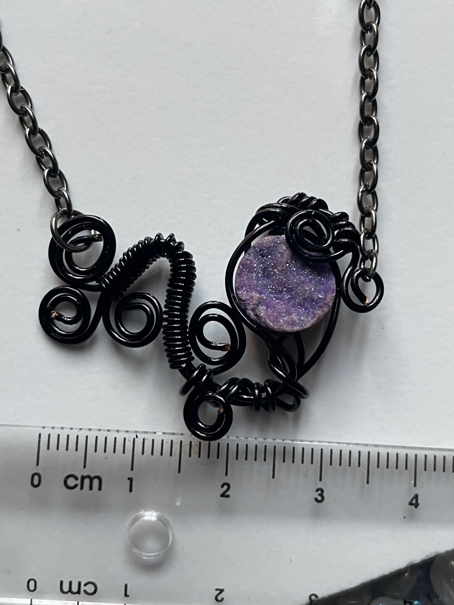 Violet Druzy Quartz Coin Gemstone Crystal Dragon Wire Pendant Necklace (Certified)