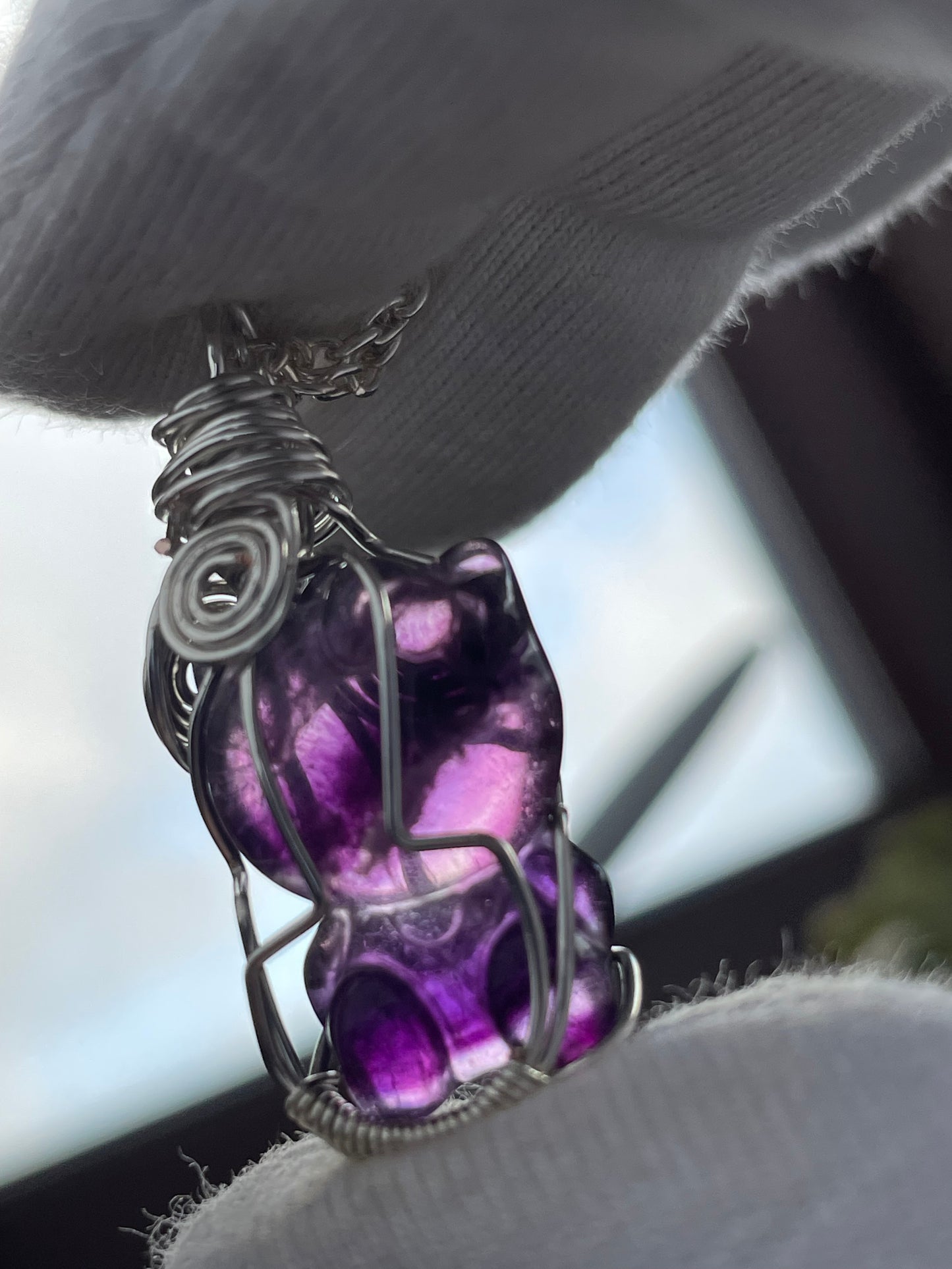 Fluorite Crystal Gemstone Hello Kitty Carving Silver Wire Wrap Necklace