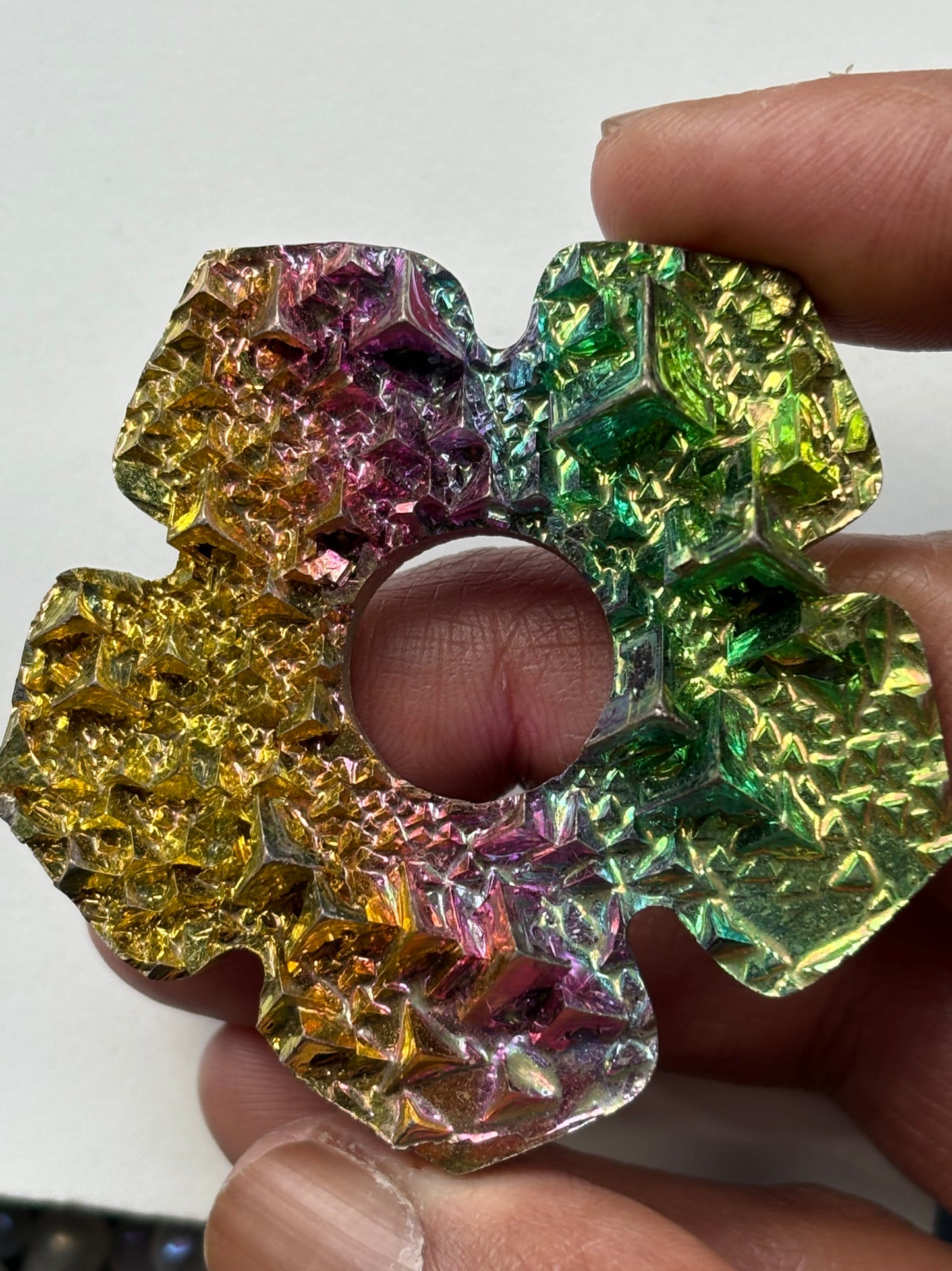 Rainbow Bismuth Crystal Hippie Flower Slice Cut Out Sphere Holder