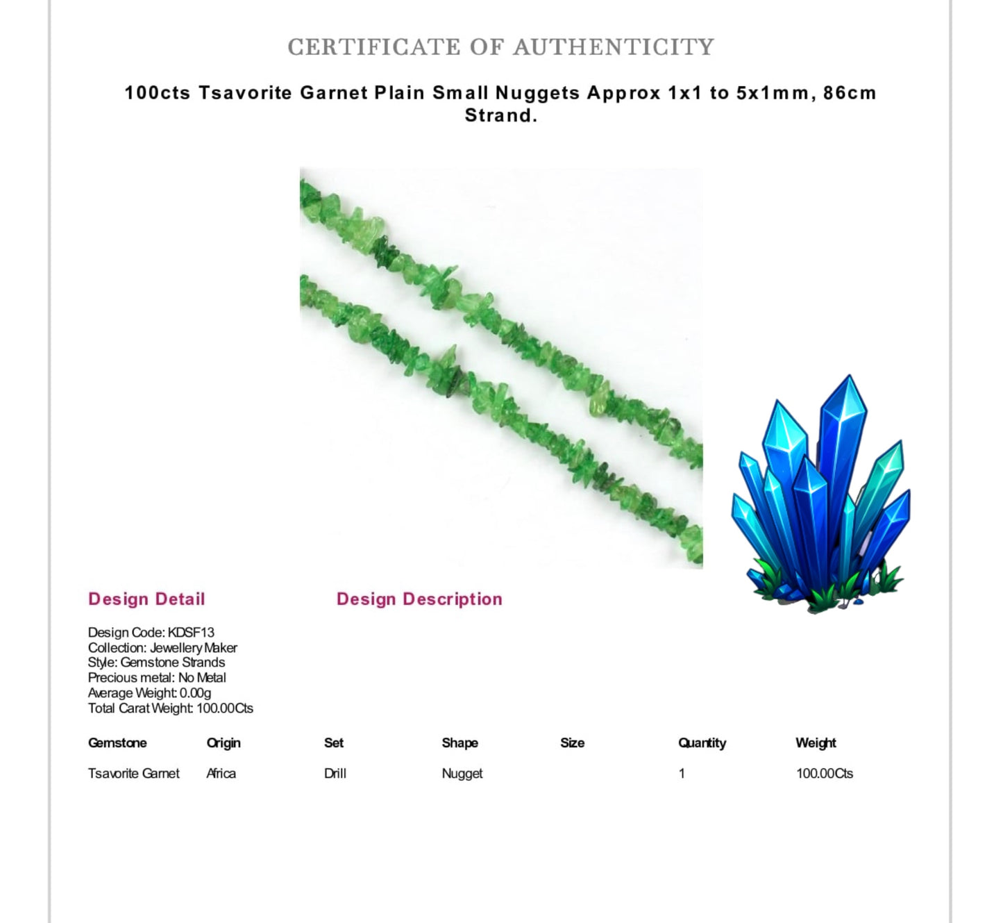 Tsavorite Green Garnet Rough Crystal Gemstone Chip Bar Necklace (Certified)