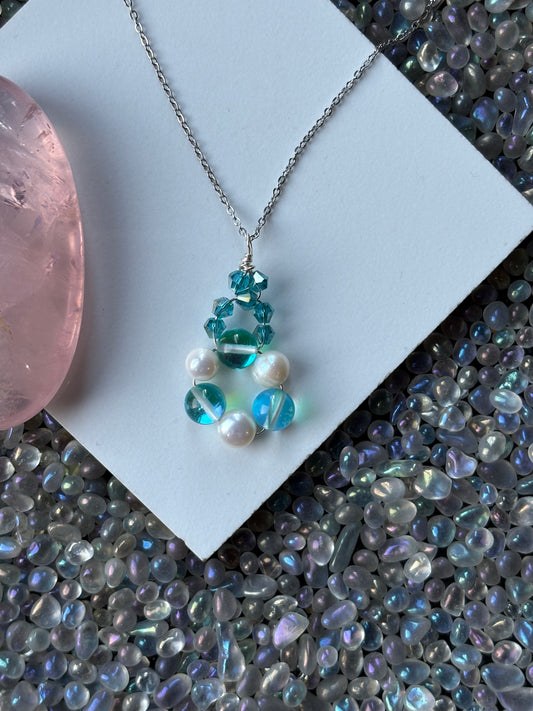 Aqua Aura Quartz & Pearl Gemstone Crystal Pendant Necklace