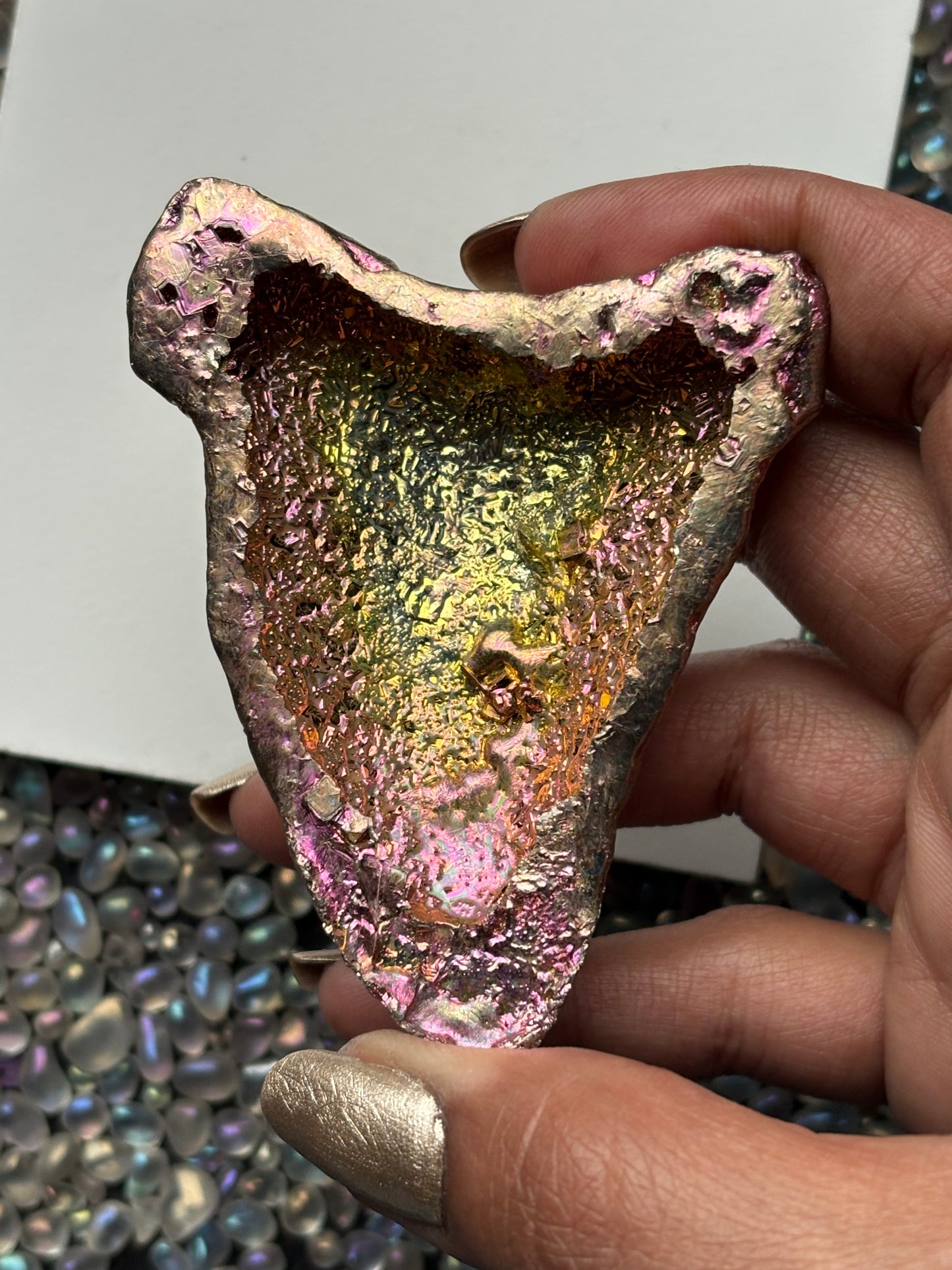 Pink Bismuth Crystal Megalodon Fossil Shark Tooth Metal Art Sculpture