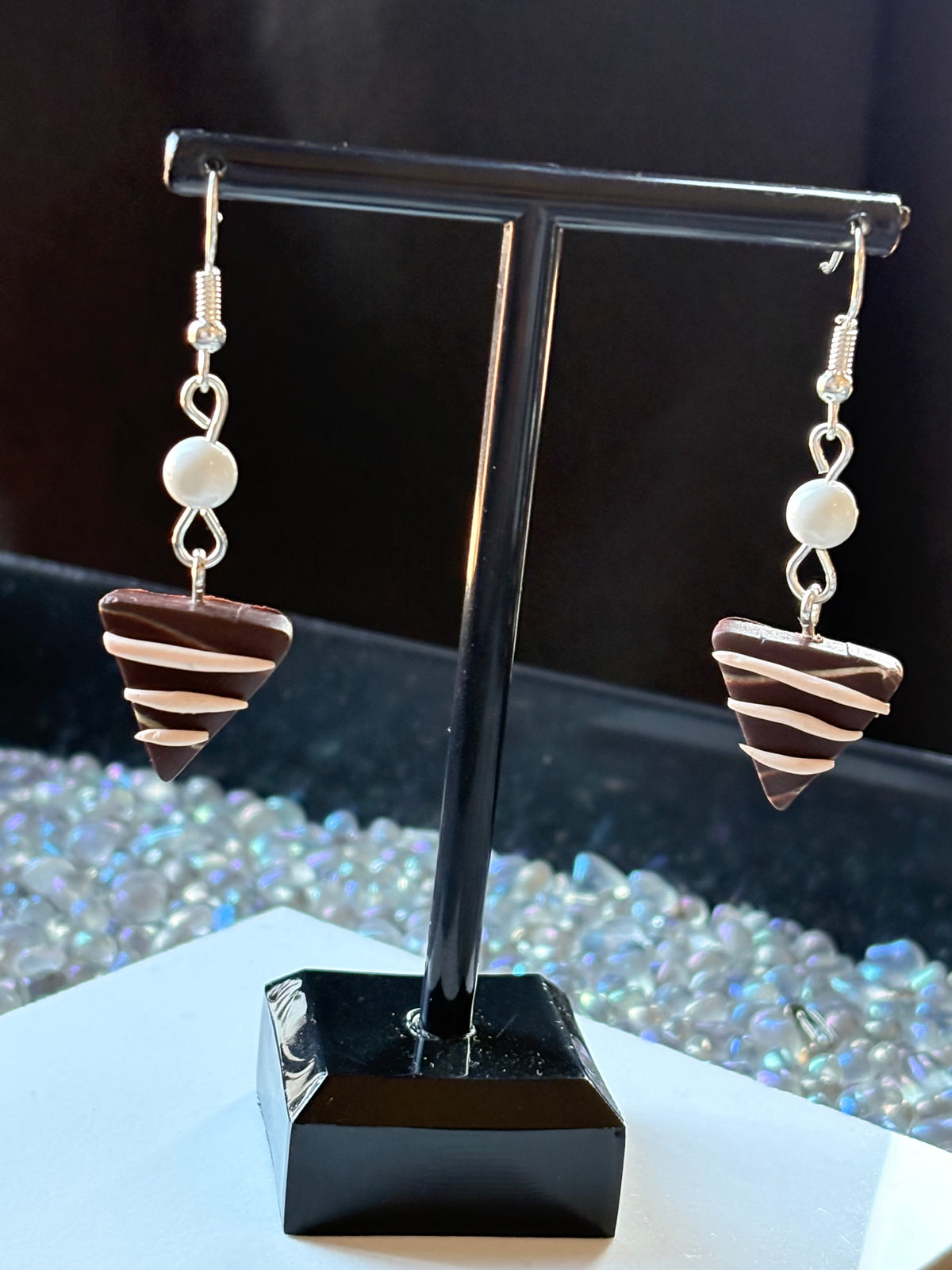 Chocolate Candy Triangle Clay & White Howlite Crystal Gemstone Silver Earrings