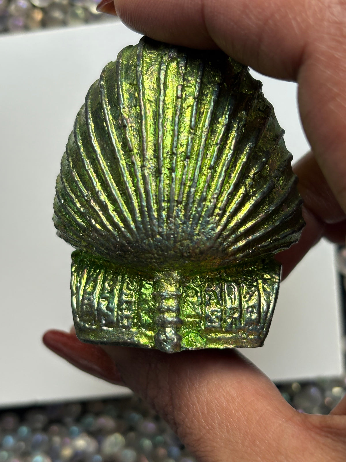 Green Bismuth Crystal King Tutankhamen Skull Metal Art Sculpture