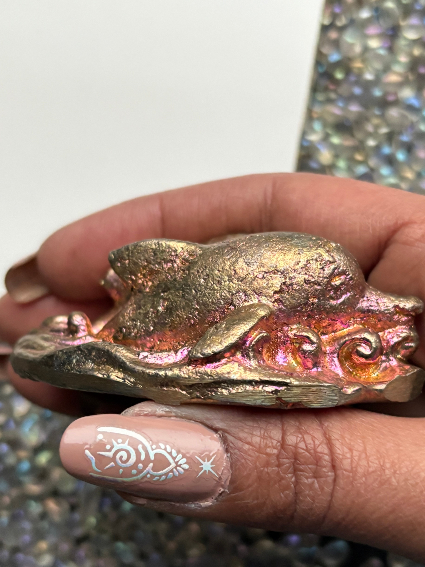 Gold Pink Bismuth Crystal Dolphin Pair Metal Art Sculpture