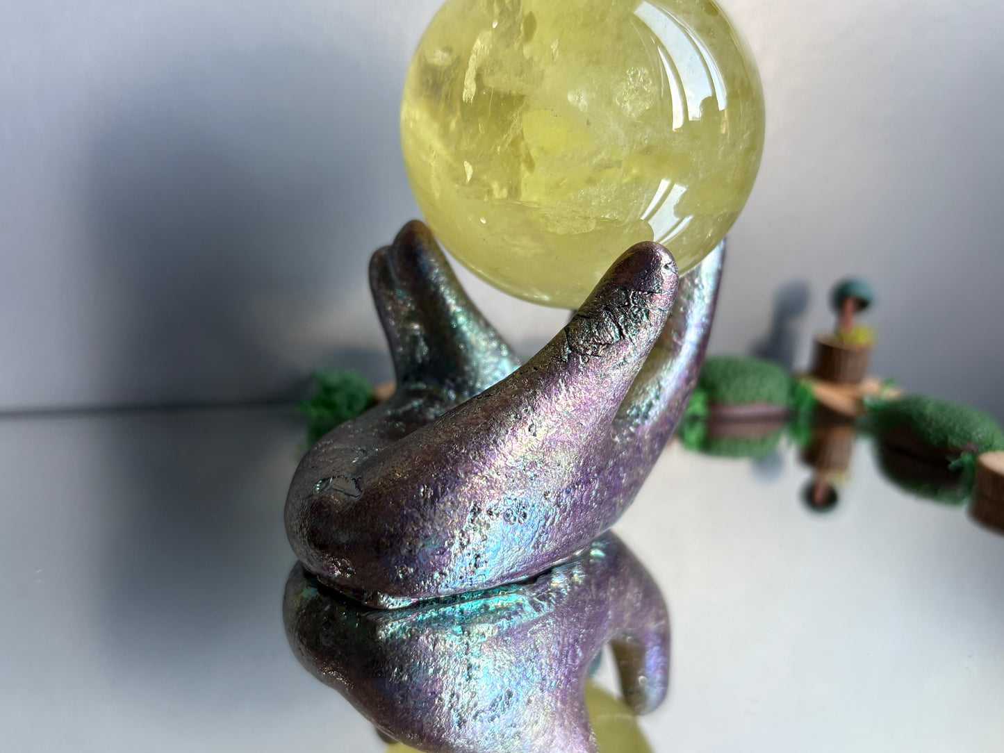 Purple Blue Bismuth Crystal Hand Sphere Holder - Metal Art Sculpture