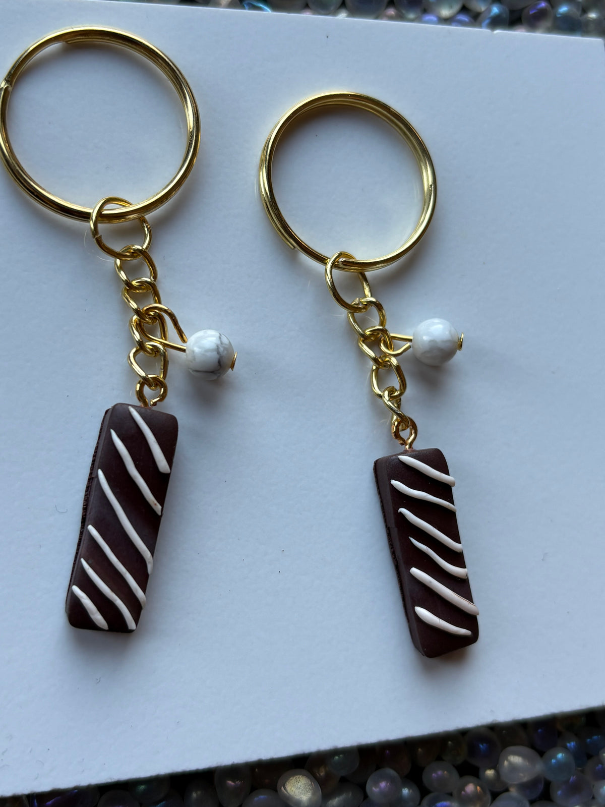 Chocolate Candy Bar Clay & Howlite Crystal Gemstone Keychain (Gold)