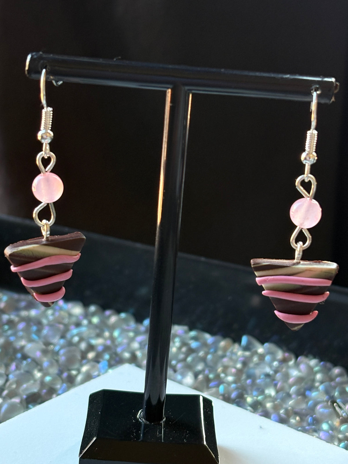 Chocolate Candy Triangle Clay & Pink Quartz Crystal Gemstone Silver Earrings