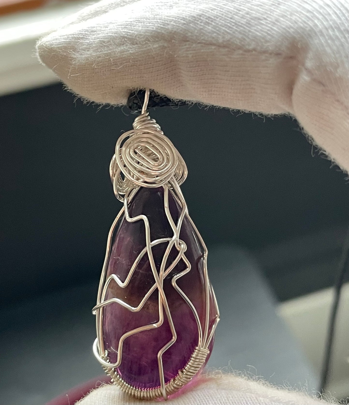 Purple Fluorite Crystal Gemstone Wire Wrap Silver Necklace