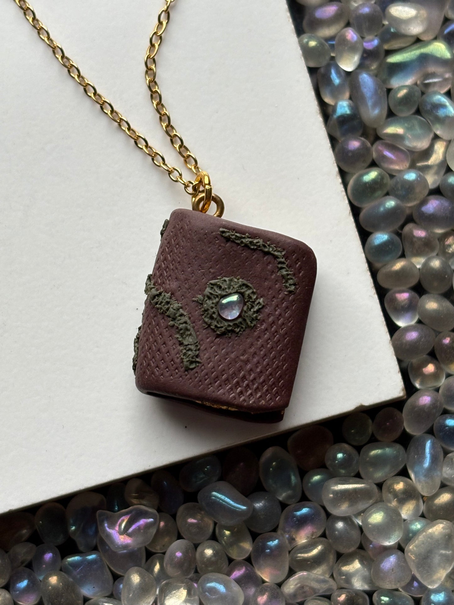 Gold Leaf Aura Quartz Crystal Gemstone Enchanted Book Necklace