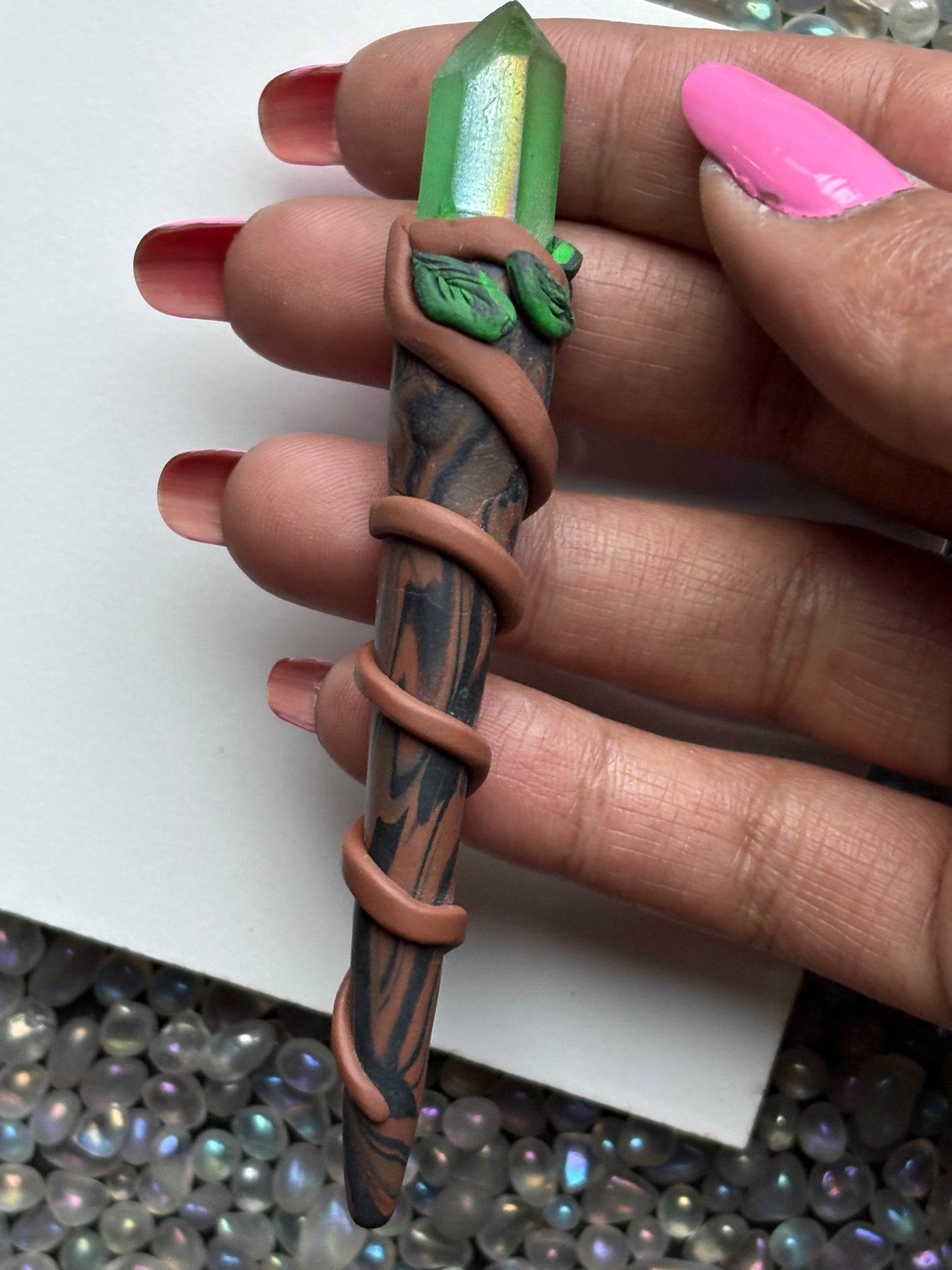 Apple Aura Quartz Crystal Gemstone Wooden Leaf Clay Wand