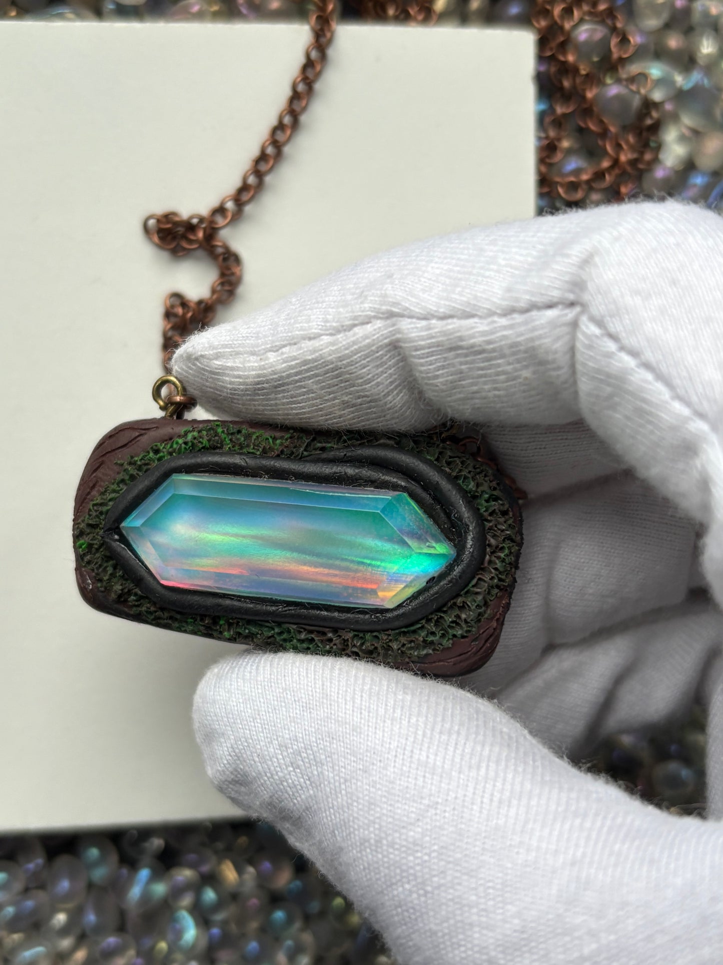 Elongated Aurora Opal Doublet Crystal Gemstone - Enchanted Forest Necklace