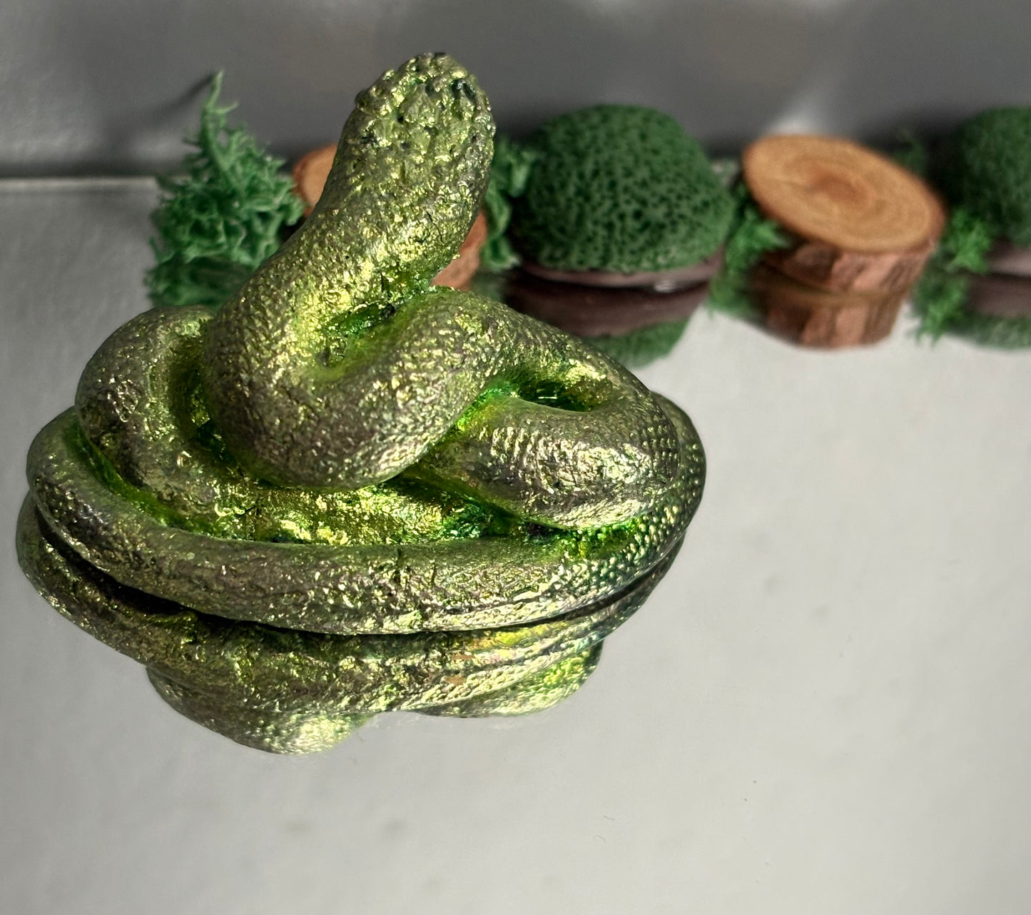 Green Bismuth Crystal Coil Snake Metal Art Sculpture