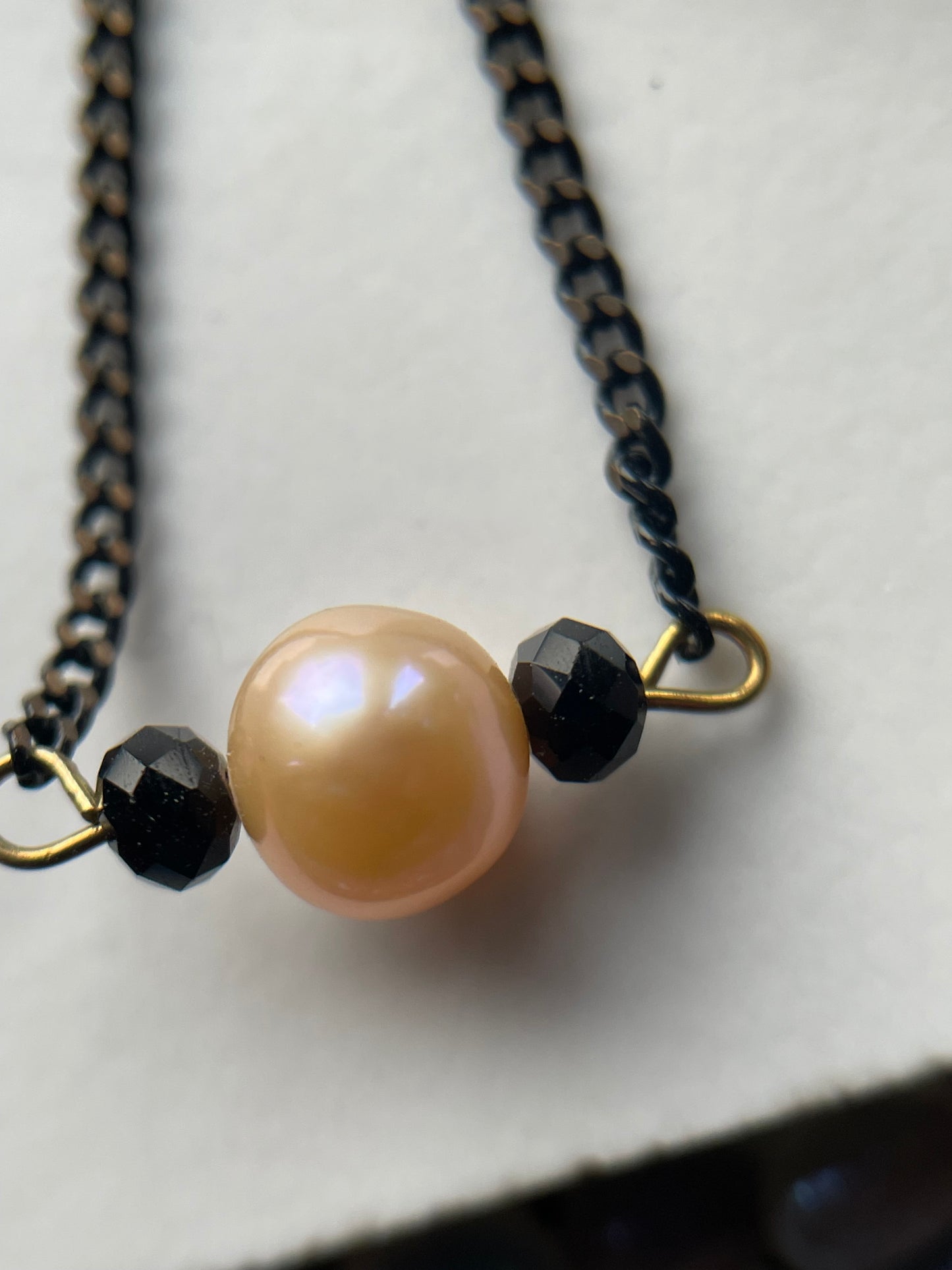 Peach Pearl & Black Spinel Crystal Gemstone Black Gold Chain Earrings (Certified)