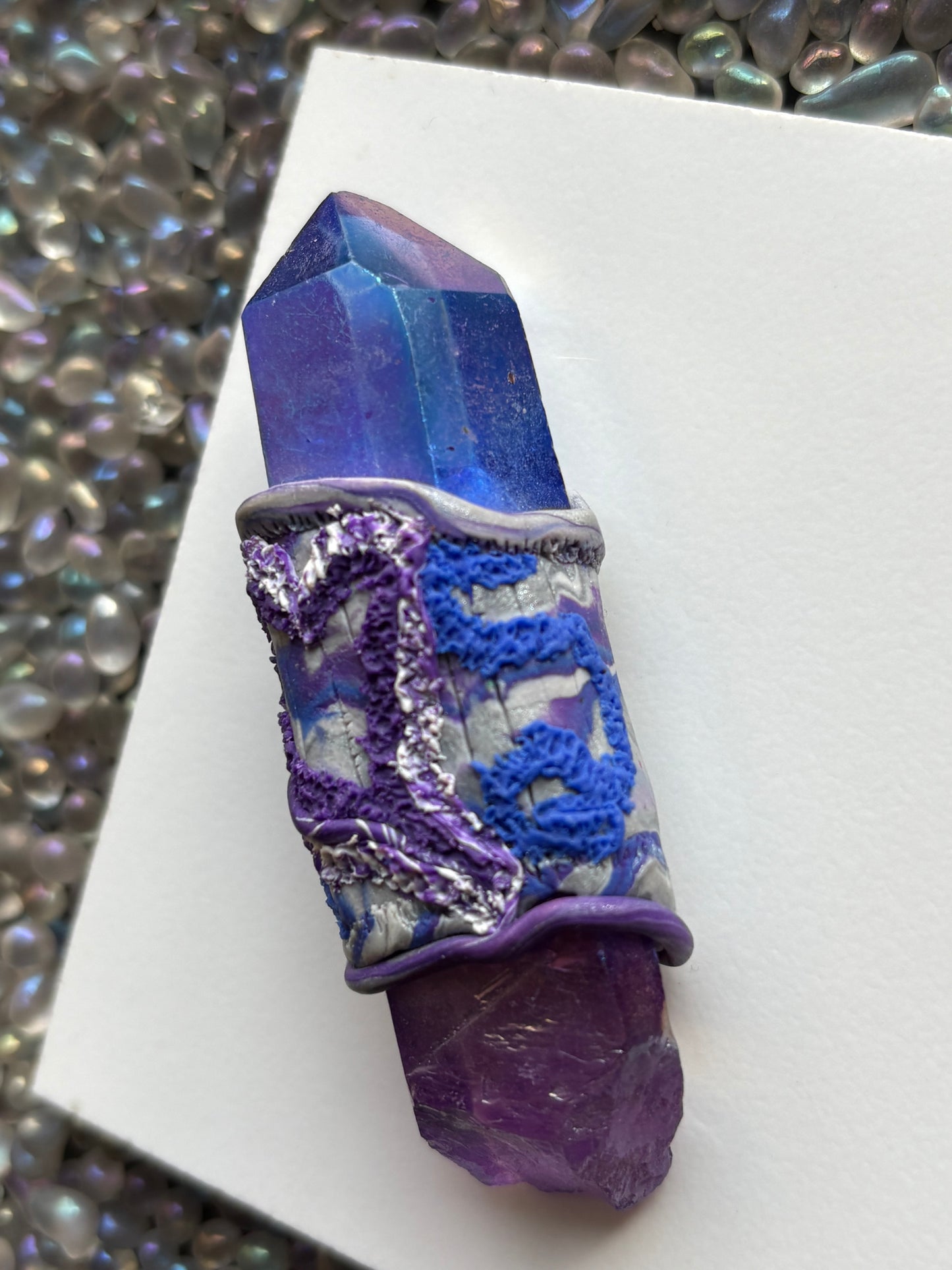 Purple & Blue Aura Quartz Crystal Gemstone Heart Swirl Clay Wand