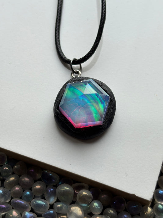 Hexagonal Aurora Opal Doublet Crystal Gemstone Necklace
